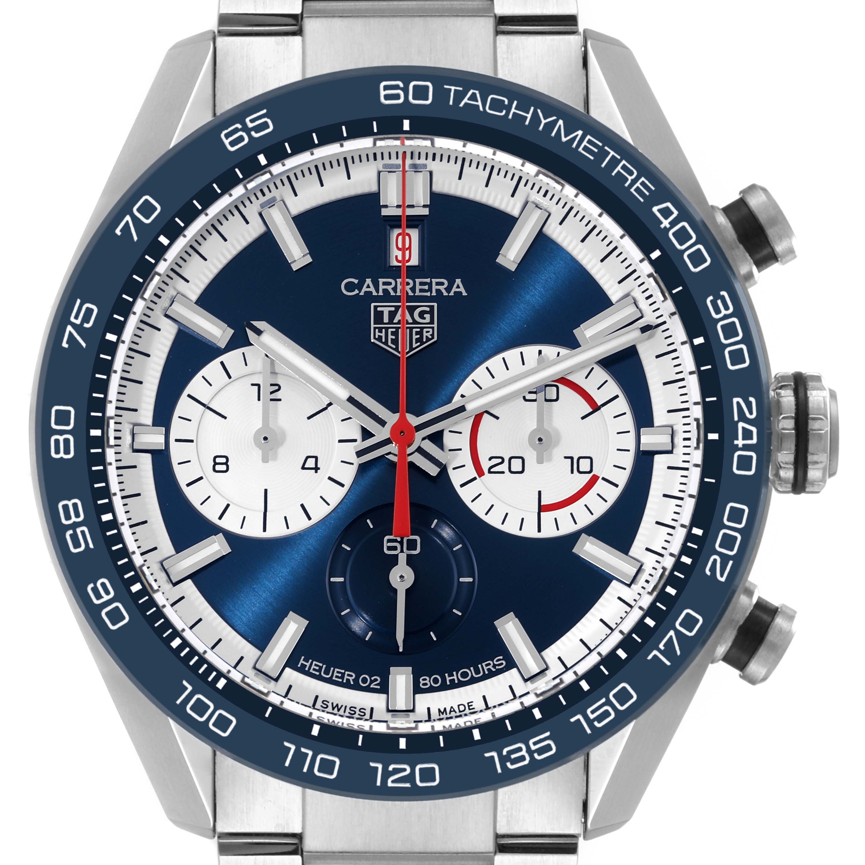 This image shows a close-up front view of a Tag Heuer Carrera CBN2A1E.BA0643 Men's Stainless Steel Blue Dial CBN2A1E.BA0643 Men's Stainless Steel Blue Dial watch, highlighting its dial, subdials, and tachymeter bezel.