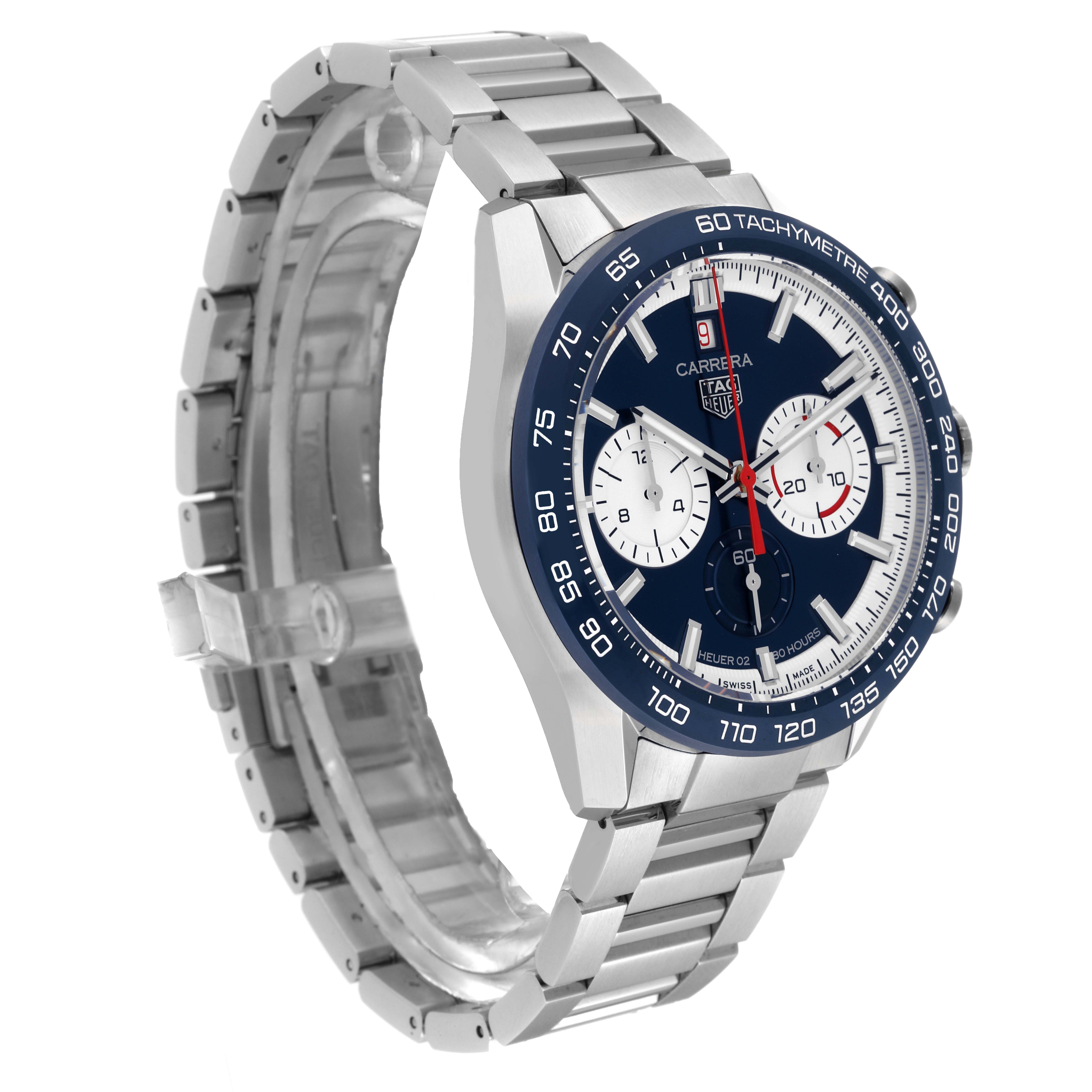 This image shows a Tag Heuer Carrera CBN2A1E.BA0643 Men's Stainless Steel Blue Dial CBN2A1E.BA0643 Men's Stainless Steel Blue Dial watch at an angle displaying the face, bezel, and the stainless steel bracelet.
