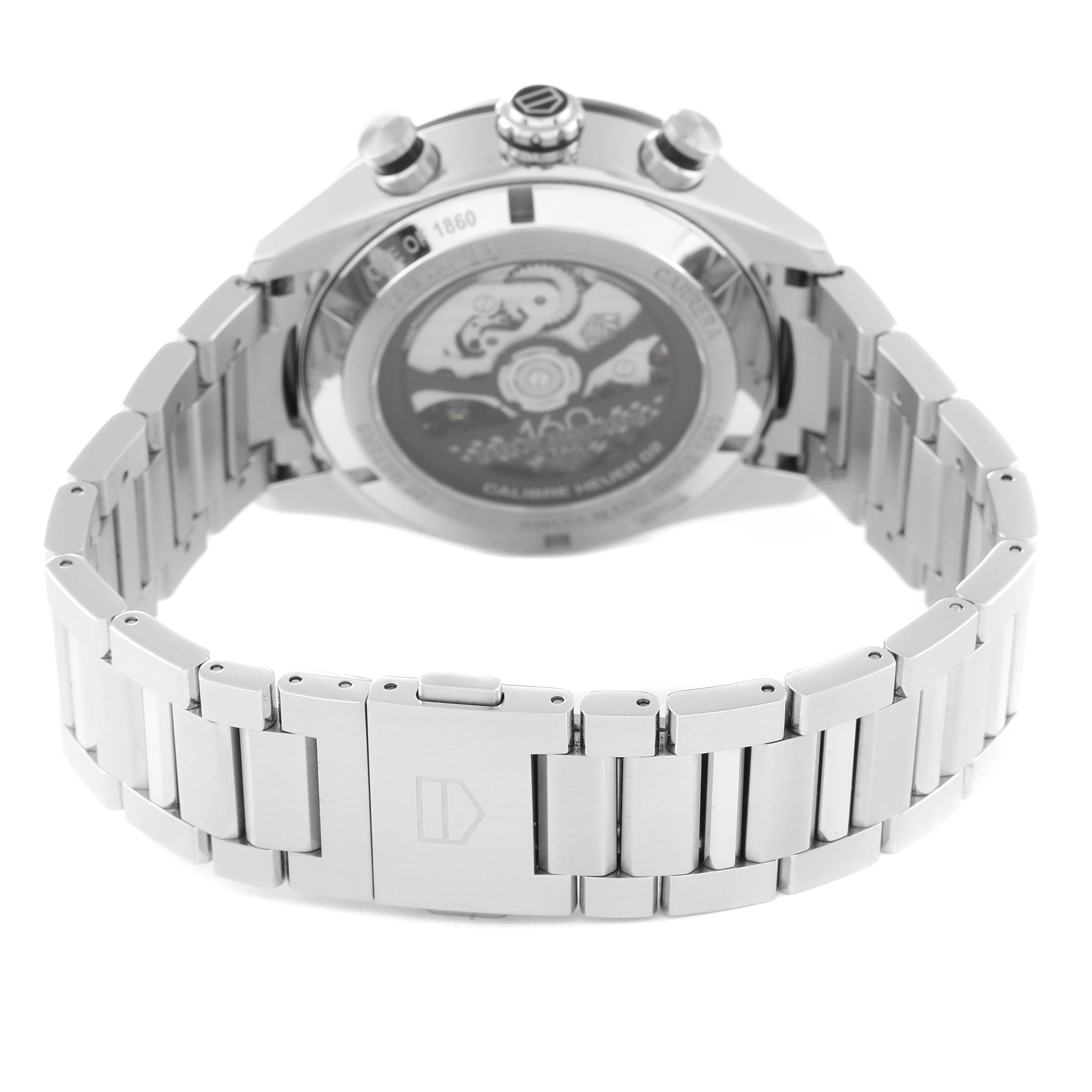 The image shows the back and bracelet of the Tag Heuer Carrera CBN2A1E.BA0643 Men's Stainless Steel Blue Dial CBN2A1E.BA0643 Men's Stainless Steel Blue Dial watch, highlighting the clasp and movement.