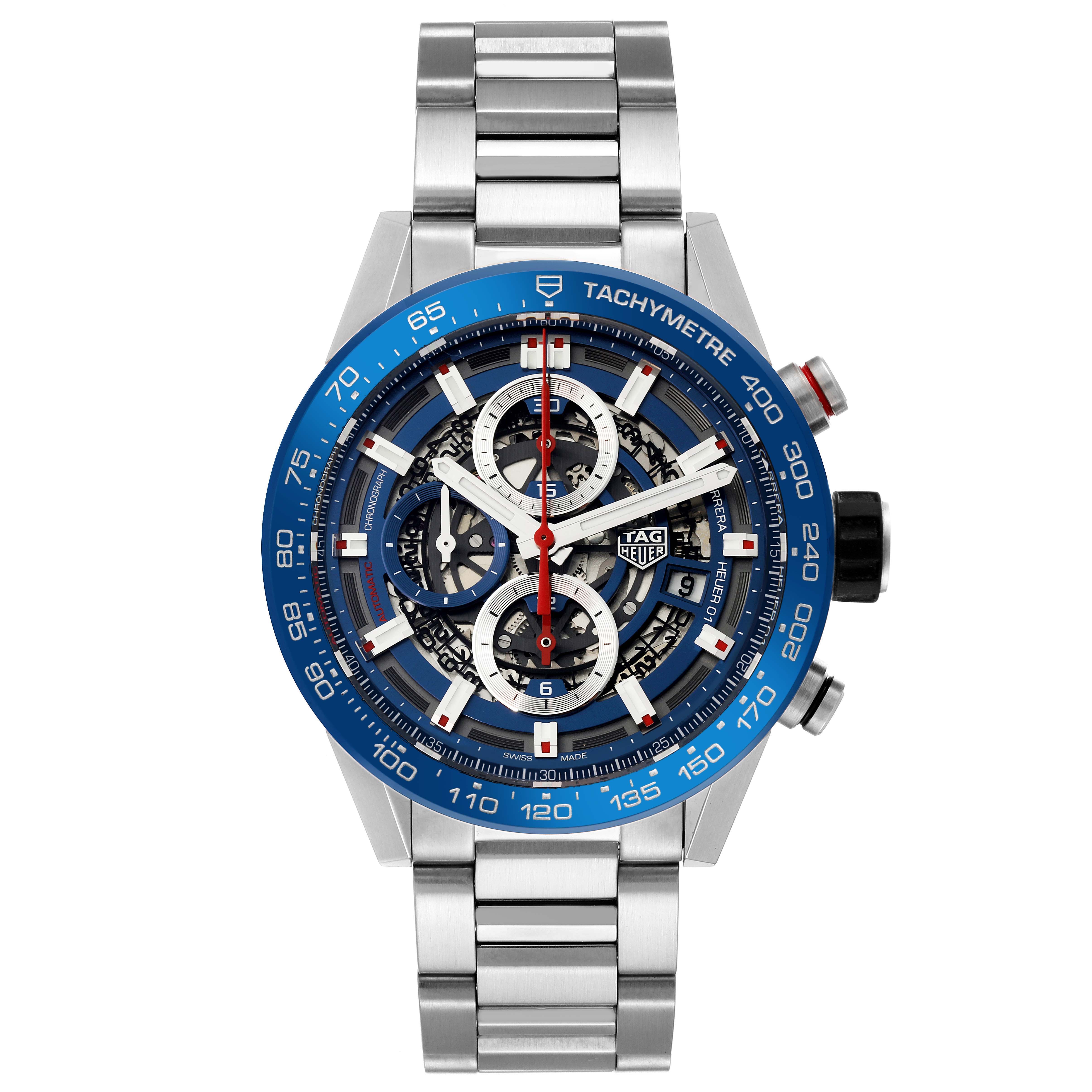The image shows a front view of the Tag Heuer Carrera CAR201T.BA0766 Men's Stainless Steel Blue Dial CAR201T.BA0766 Men's Stainless Steel Blue Dial watch, featuring its blue tachymeter bezel and intricate dial design.