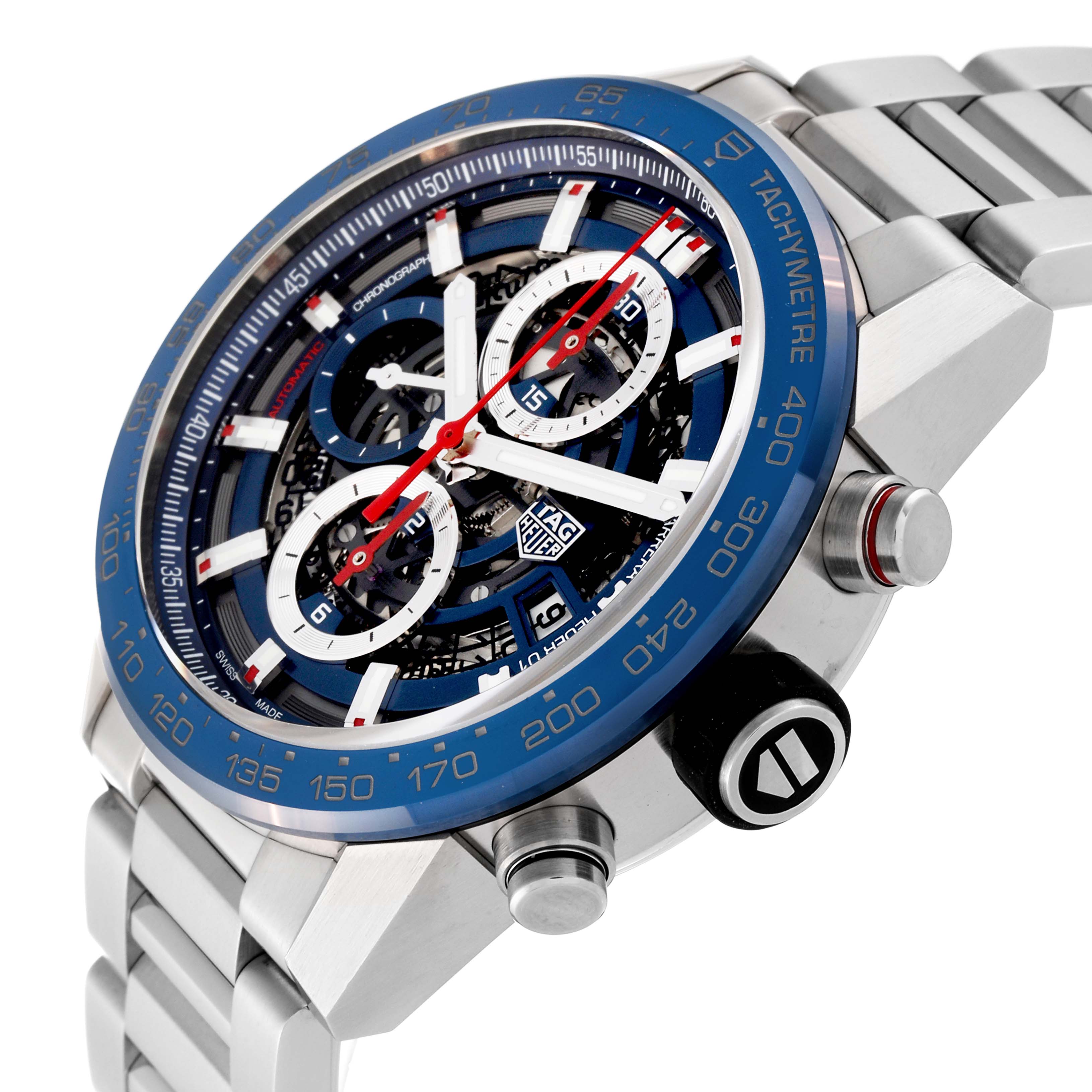 The image shows a close-up side angle of the Tag Heuer Carrera CAR201T.BA0766 Men's Stainless Steel Blue Dial CAR201T.BA0766 Men's Stainless Steel Blue Dial watch, highlighting the face, crown, and bracelet.