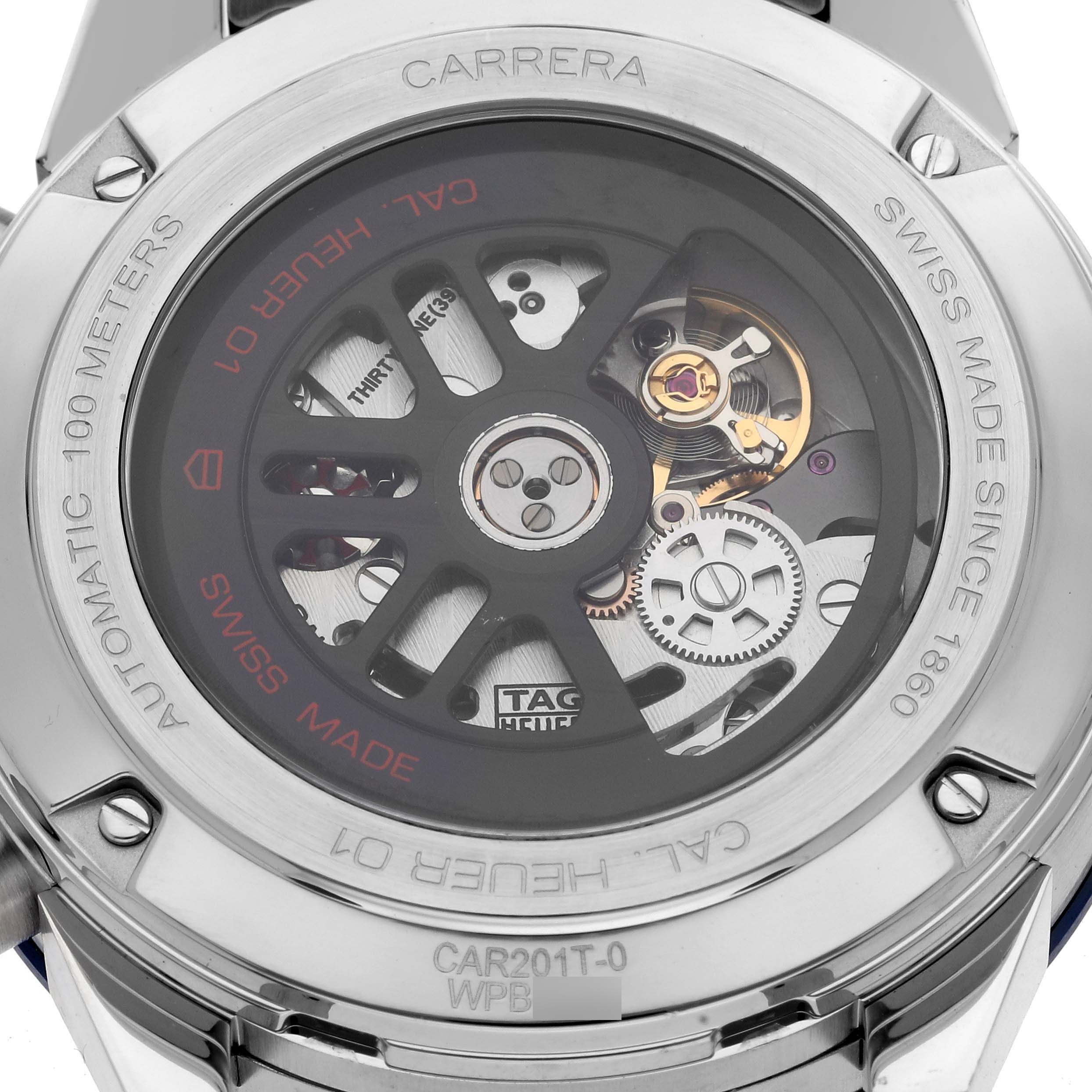 The image shows the back case of a Tag Heuer Carrera CAR201T.BA0766 Men's Stainless Steel Blue Dial CAR201T.BA0766 Men's Stainless Steel Blue Dial watch, revealing the internal mechanical movement.