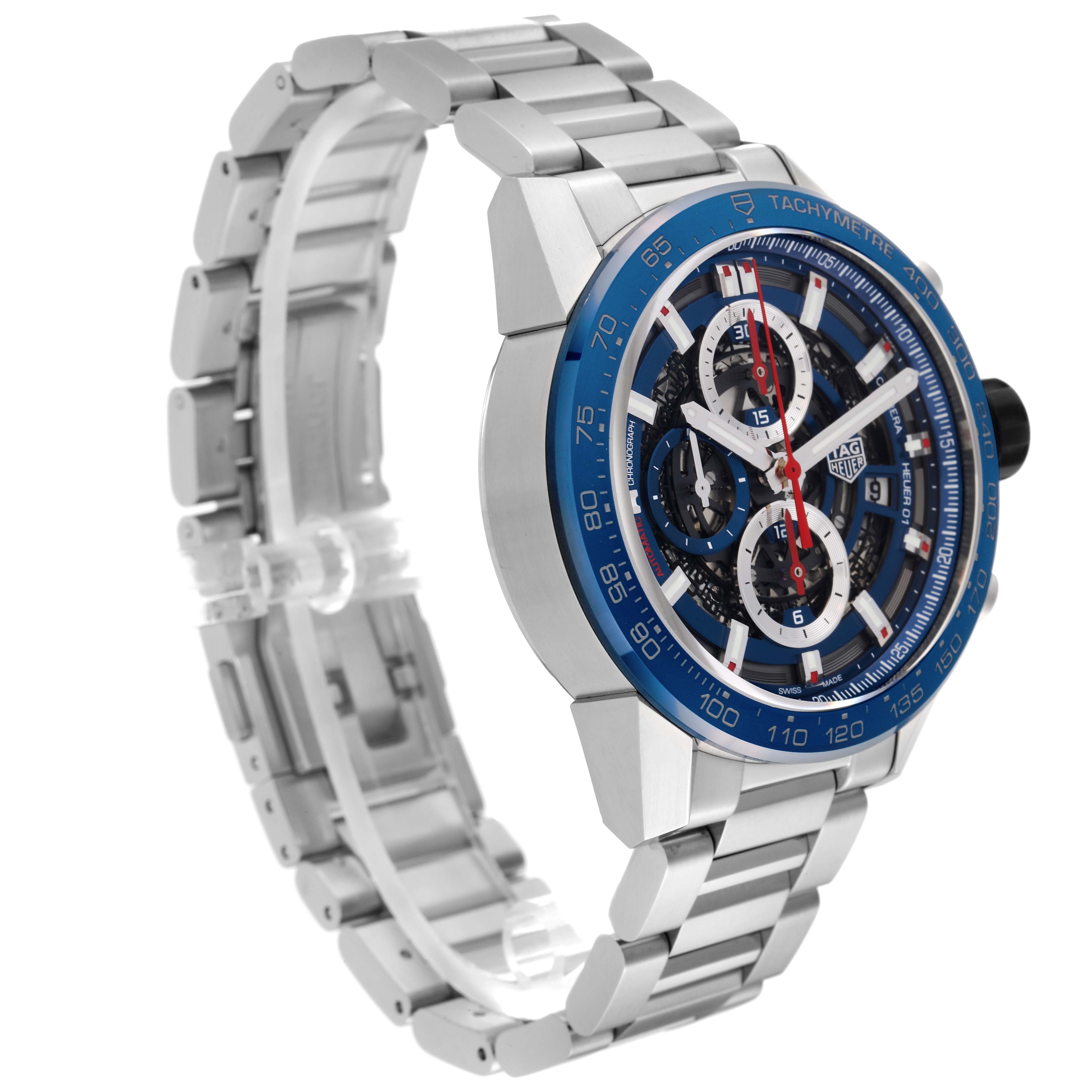 The image shows a Tag Heuer Carrera CAR201T.BA0766 Men's Stainless Steel Blue Dial CAR201T.BA0766 Men's Stainless Steel Blue Dial watch from a three-quarter angle, highlighting the face, bezel, and metal bracelet.