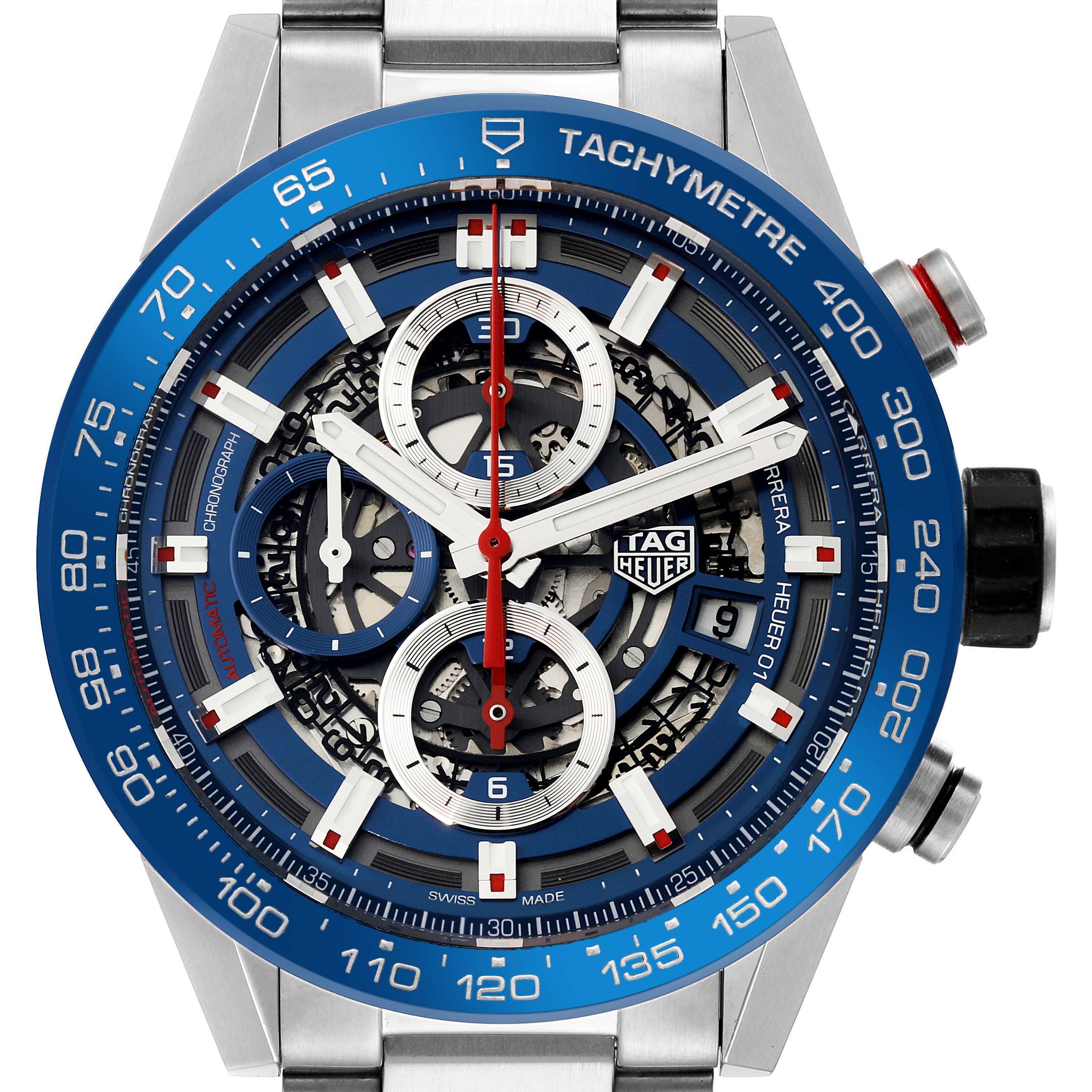 The image shows a front view of the Tag Heuer Carrera CAR201T.BA0766 Men's Stainless Steel Blue Dial CAR201T.BA0766 Men's Stainless Steel Blue Dial watch, highlighting its intricate dial, tachymeter bezel, and subdials.