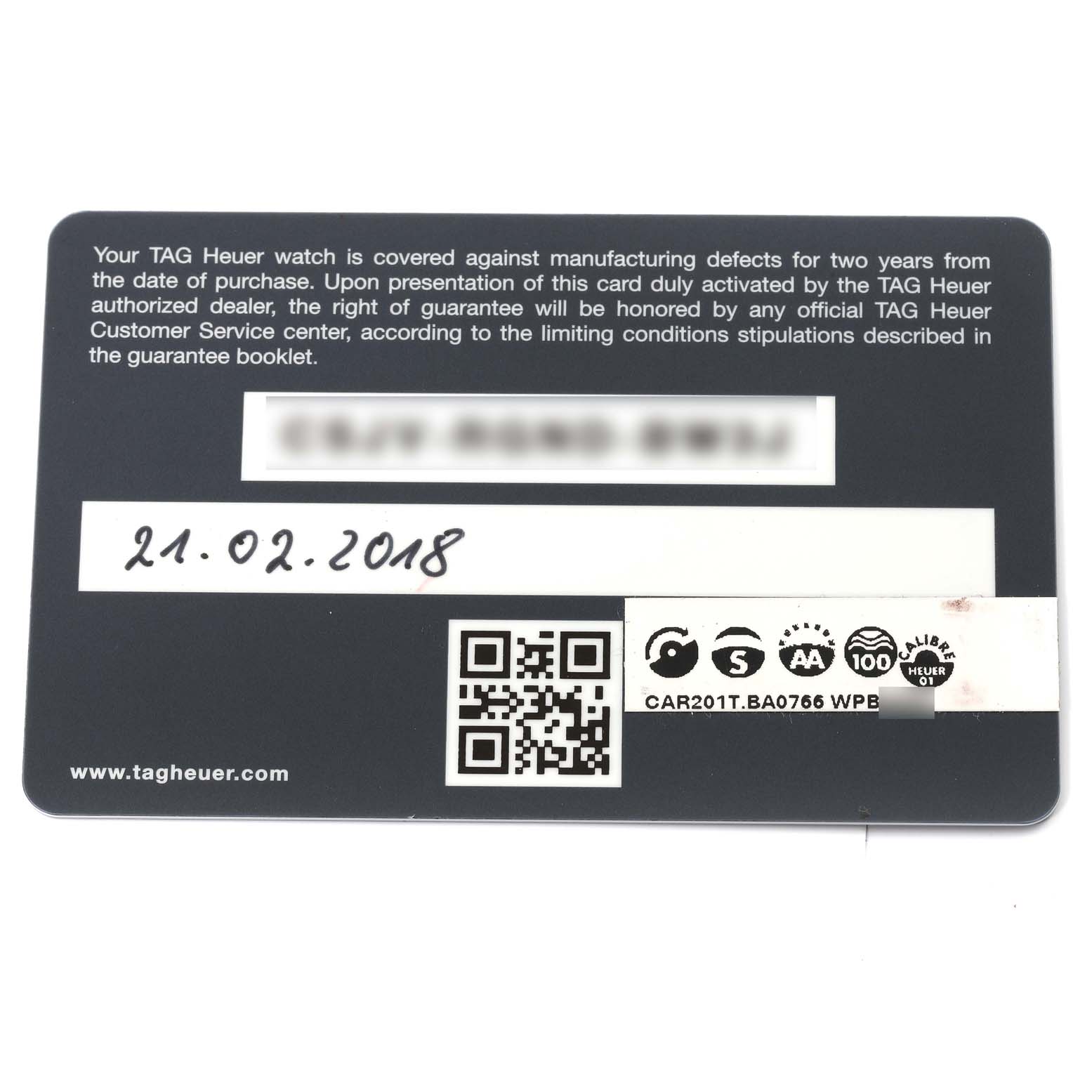 The image shows a warranty card for the Carrera model by Tag Heuer, indicating the purchase date and serial number.