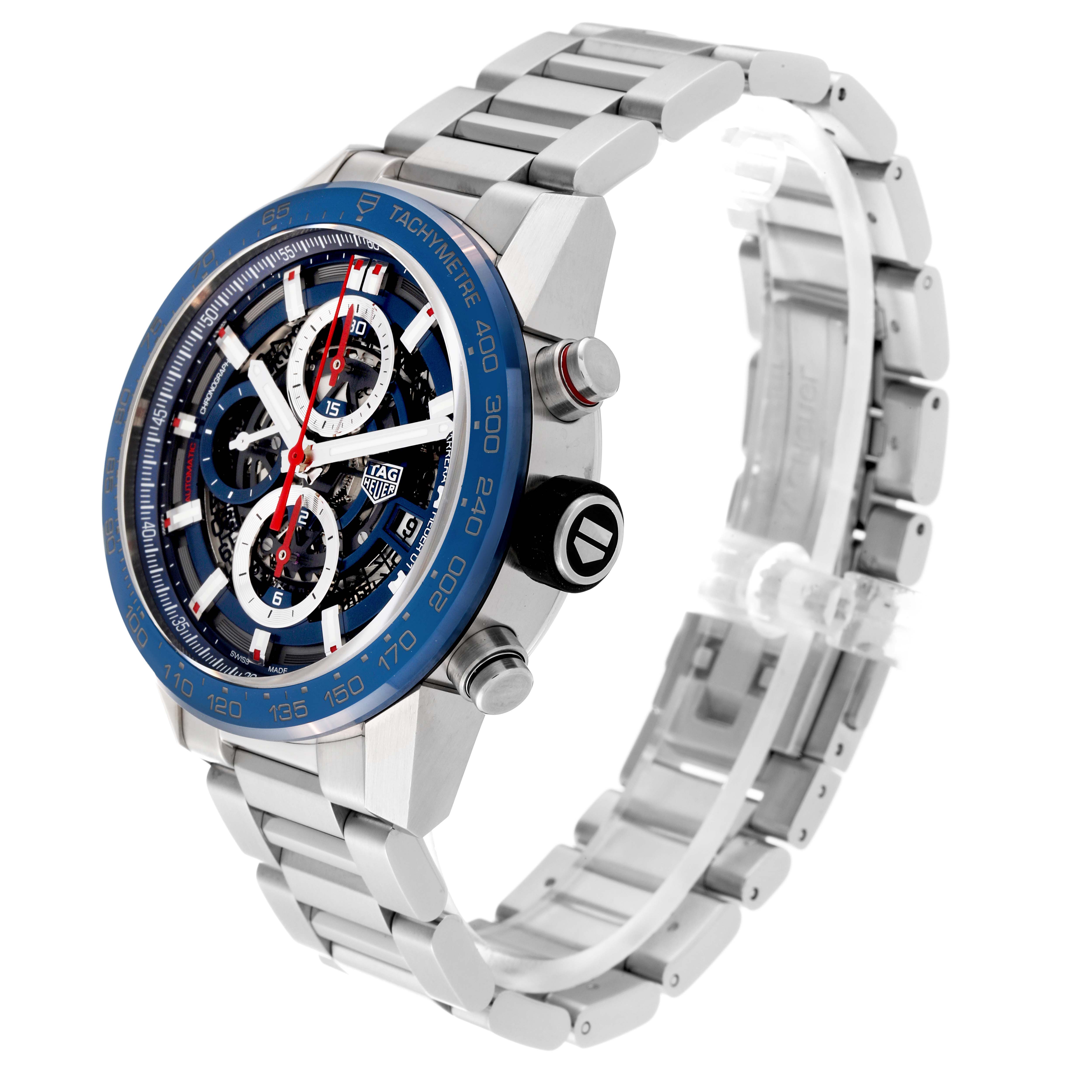 The Tag Heuer Carrera CAR201T.BA0766 Men's Stainless Steel Blue Dial CAR201T.BA0766 Men's Stainless Steel Blue Dial watch is shown at a three-quarter angle, displaying its face, crown, and metal bracelet.