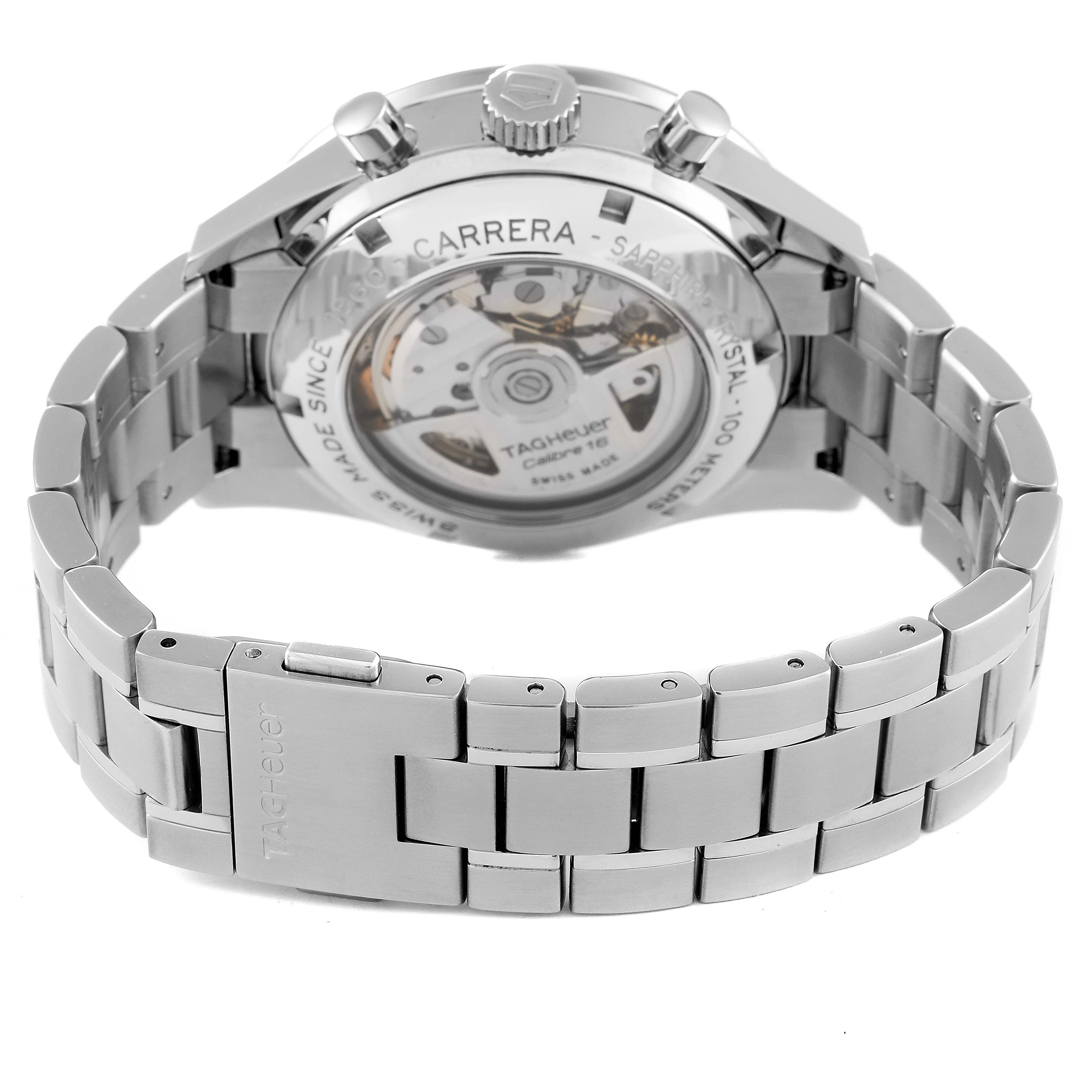 The image shows the back view of the Tag Heuer Carrera CV201P Men's Stainless Steel Mother of Pearl Dial CV201P Men's Stainless Steel Mother of Pearl Dial watch, highlighting the movement through the transparent case back and the metal bracelet.