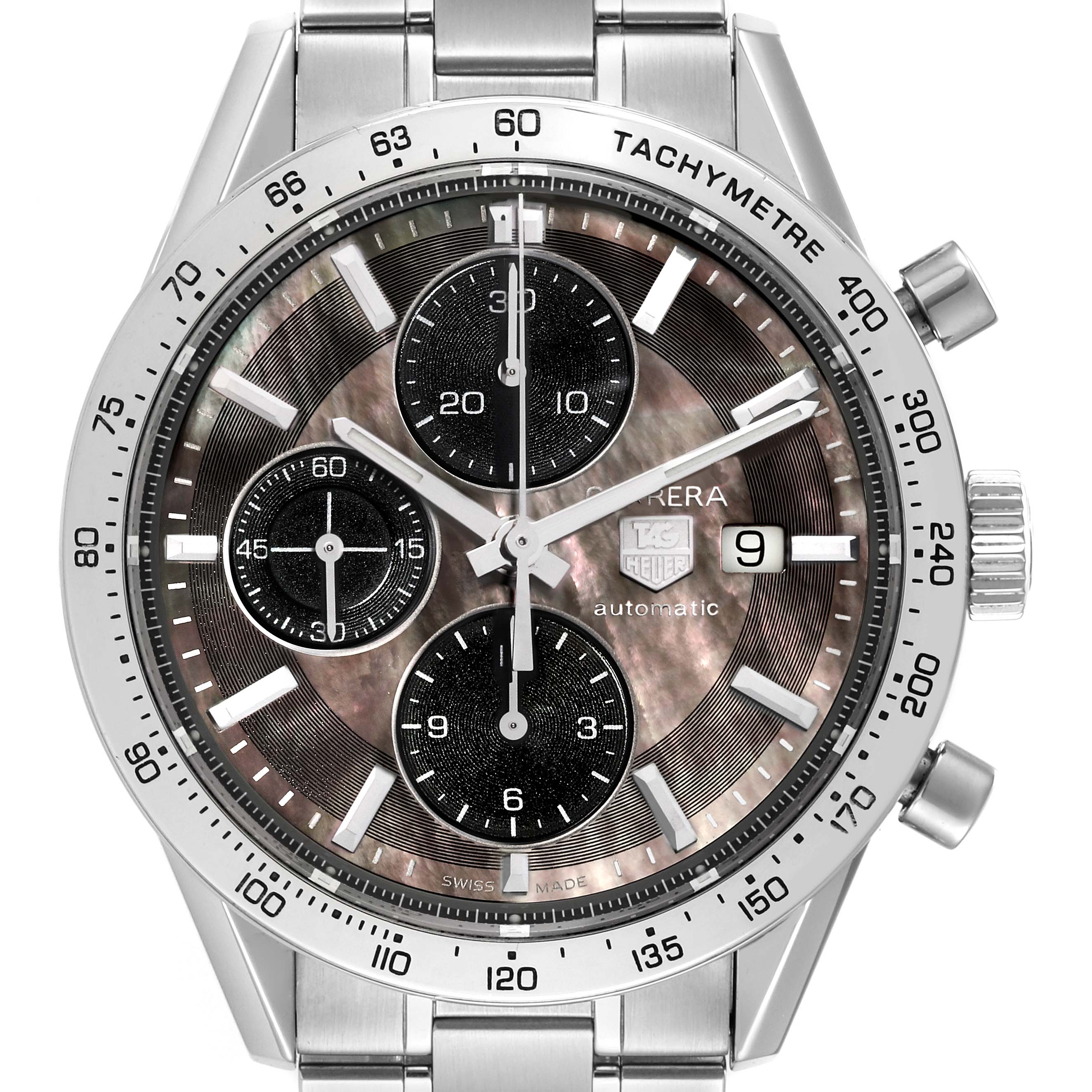 The image shows a head-on view of the Tag Heuer Carrera CV201P Men's Stainless Steel Mother of Pearl Dial CV201P Men's Stainless Steel Mother of Pearl Dial watch, featuring the dial, sub-dials, bezel, date window, and part of the bracelet.