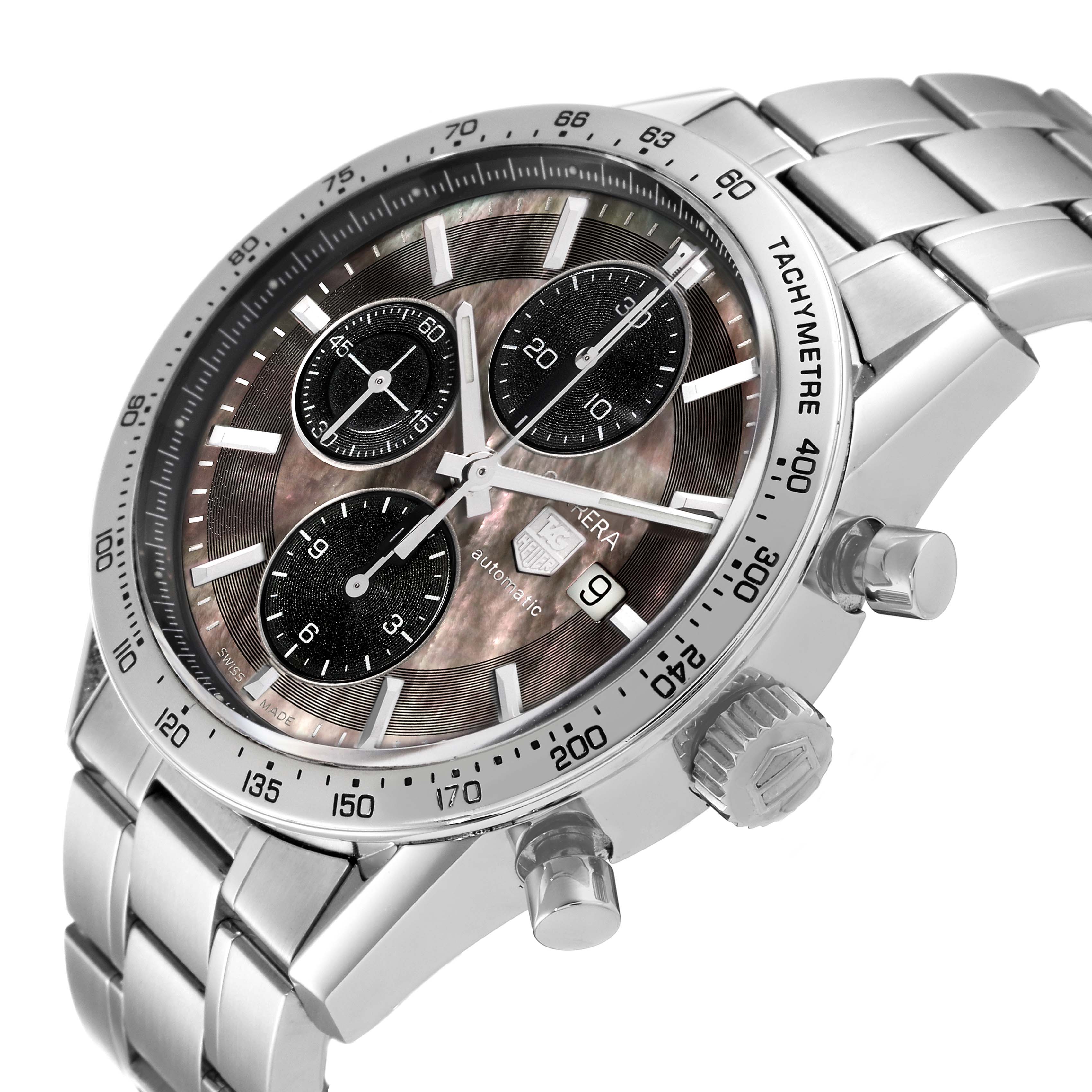 This image shows a Tag Heuer Carrera CV201P Men's Stainless Steel Mother of Pearl Dial CV201P Men's Stainless Steel Mother of Pearl Dial watch from a front-left angle showcasing the dial, bezel, crown, and metal bracelet.