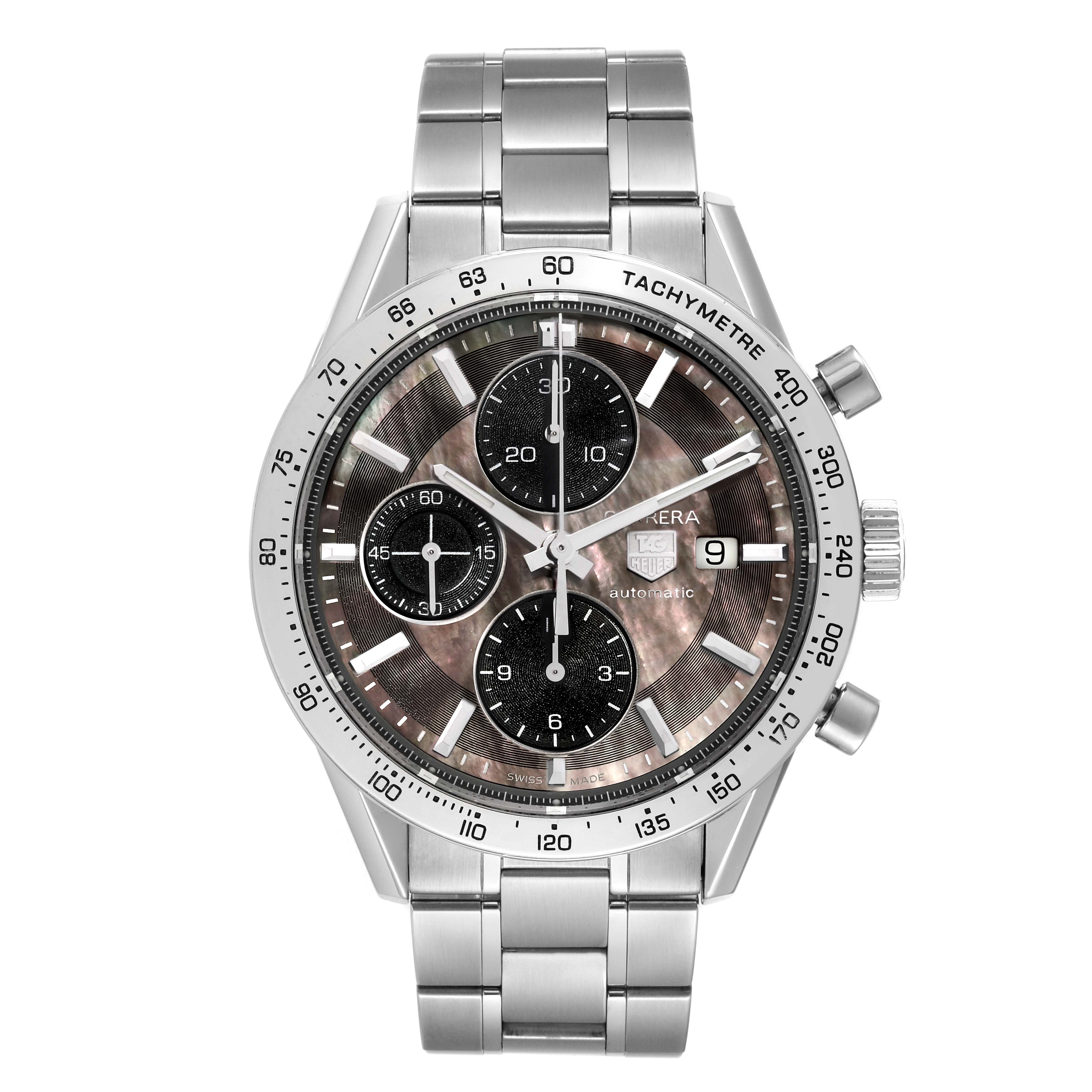 The image shows a Tag Heuer Carrera CV201P Men's Stainless Steel Mother of Pearl Dial CV201P Men's Stainless Steel Mother of Pearl Dial watch from the front, highlighting its dial, chronograph subdials, and stainless steel bracelet.