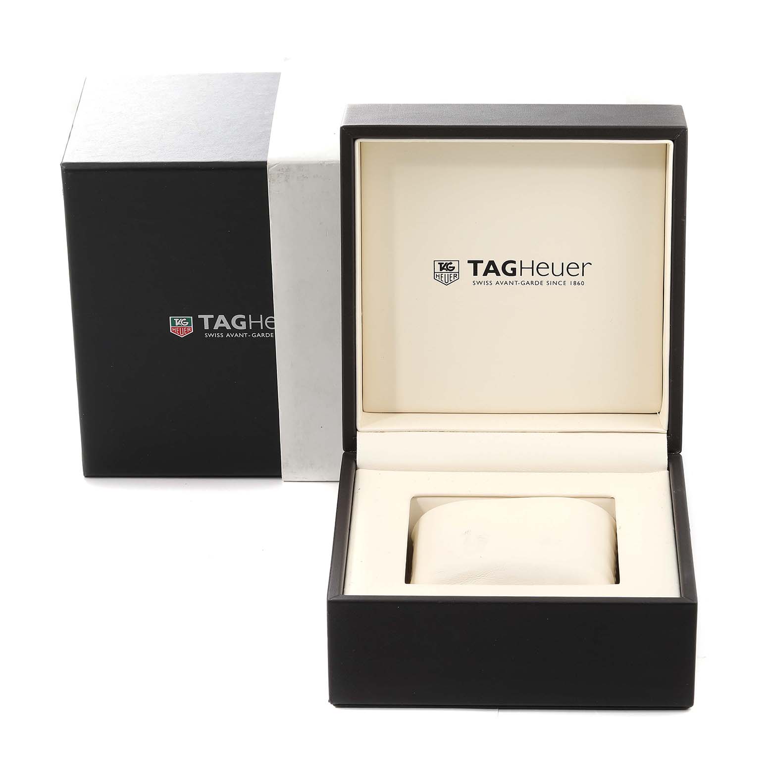 The image shows the open box and outer packaging for the Tag Heuer Carrera CV201P Men's Stainless Steel Mother of Pearl Dial CV201P Men's Stainless Steel Mother of Pearl Dial watch, prominently displaying the brand's logo.