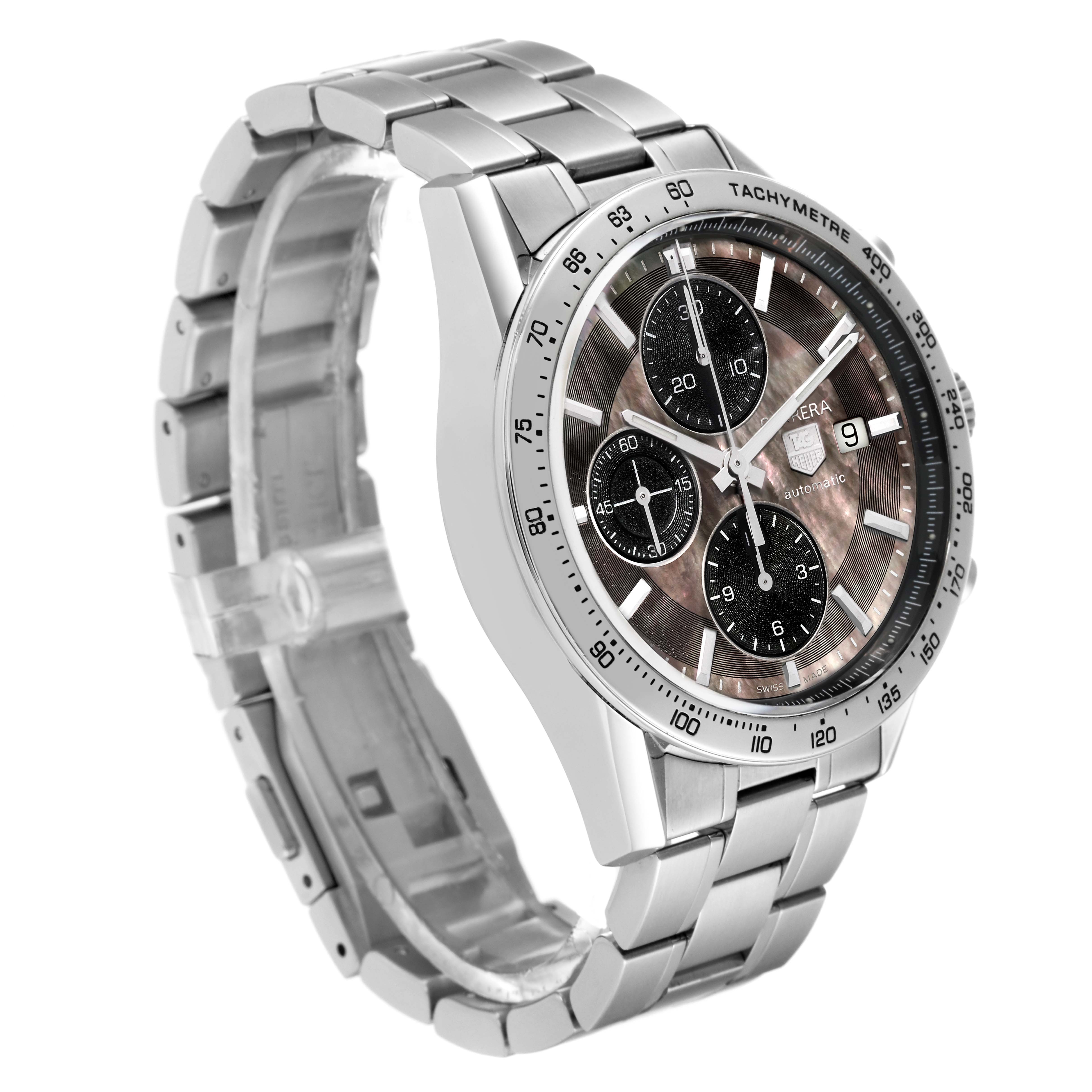 The image shows a Tag Heuer Carrera CV201P Men's Stainless Steel Mother of Pearl Dial CV201P Men's Stainless Steel Mother of Pearl Dial watch at a slanted angle revealing the dial, bezel, crown, and stainless steel bracelet.