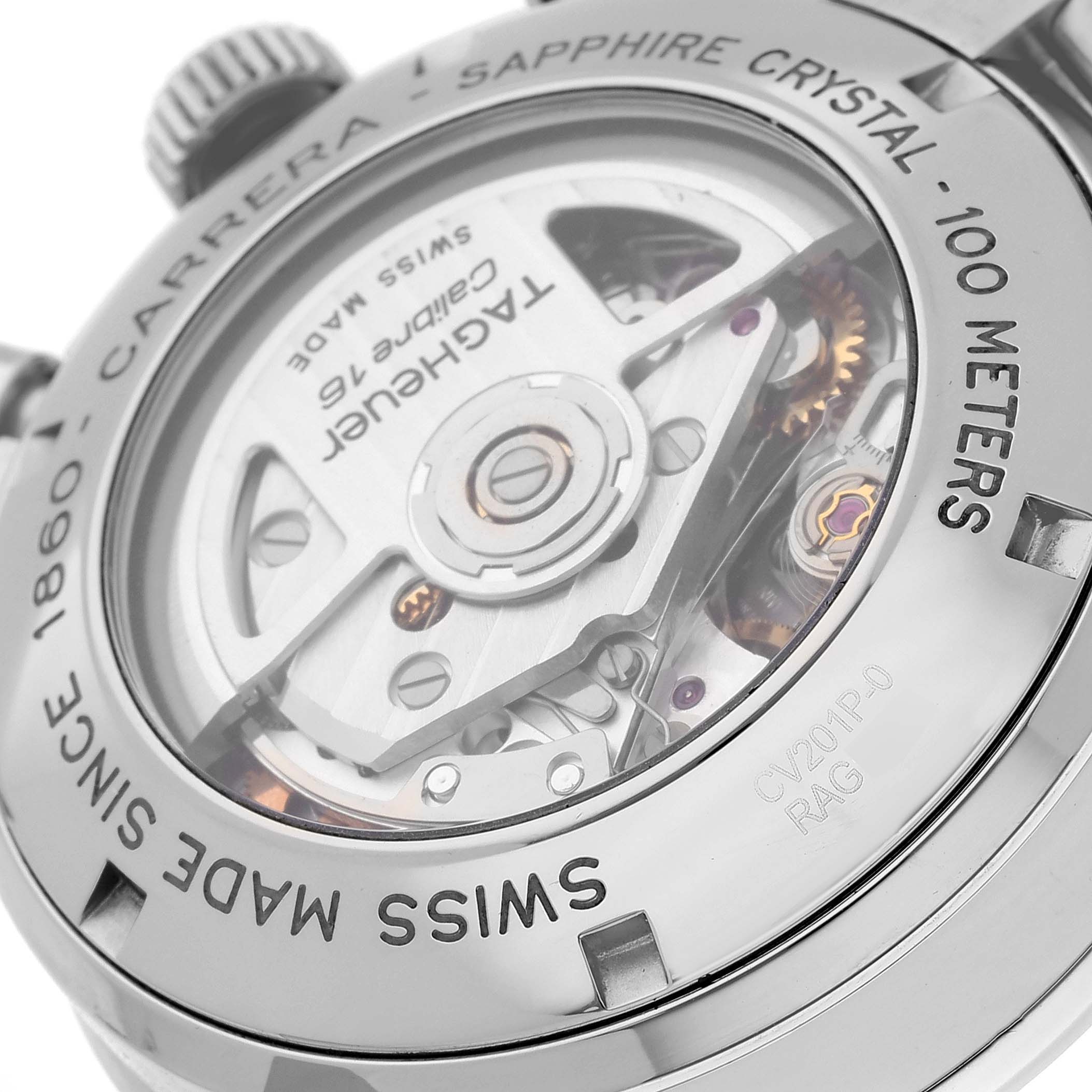 The image shows the back angle of a Tag Heuer Carrera CV201P Men's Stainless Steel Mother of Pearl Dial CV201P Men's Stainless Steel Mother of Pearl Dial model watch, detailing its movement and sapphire crystal case.