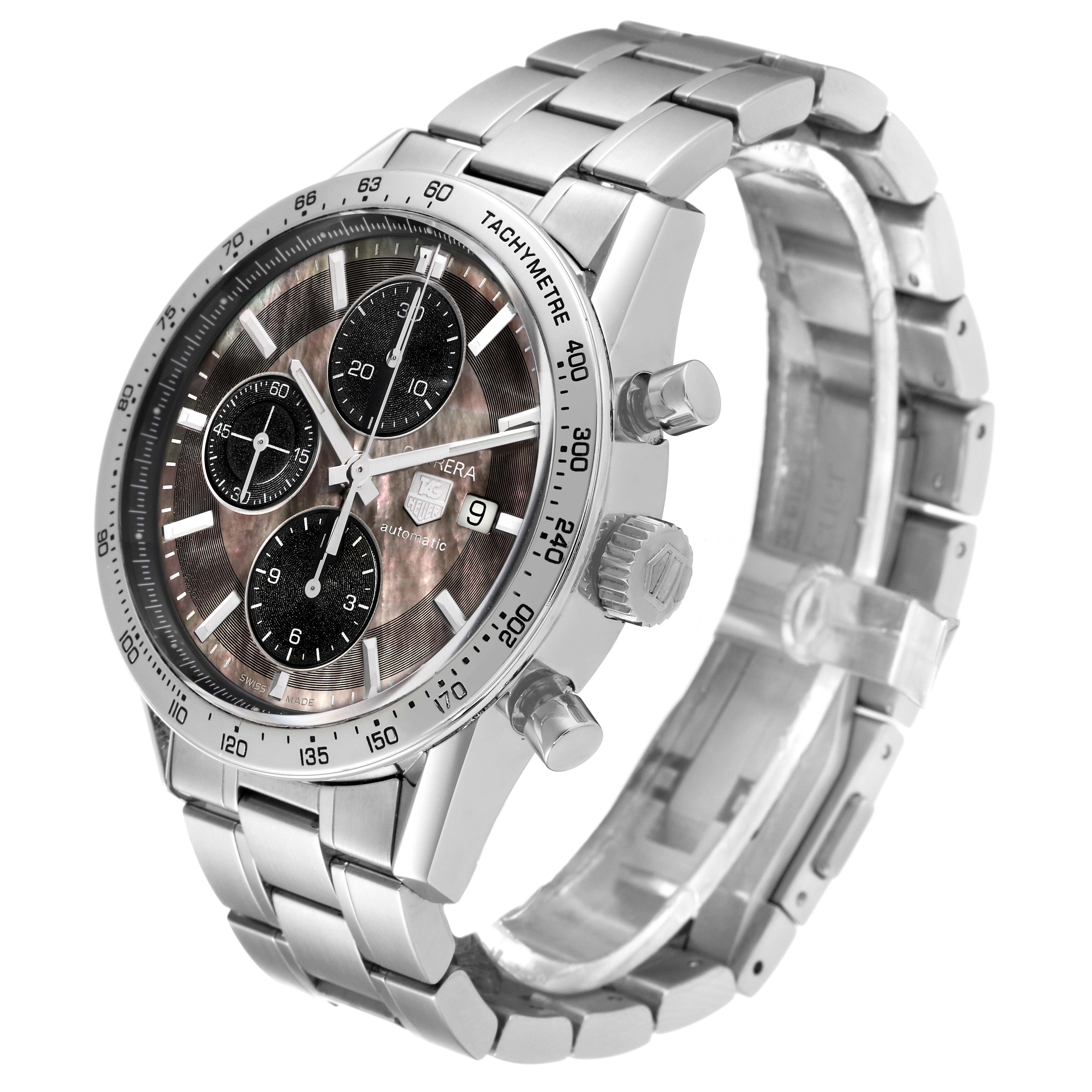 This image shows a Tag Heuer Carrera CV201P Men's Stainless Steel Mother of Pearl Dial CV201P Men's Stainless Steel Mother of Pearl Dial watch from a partially side angle, displaying the face, bezel, band, and crown.
