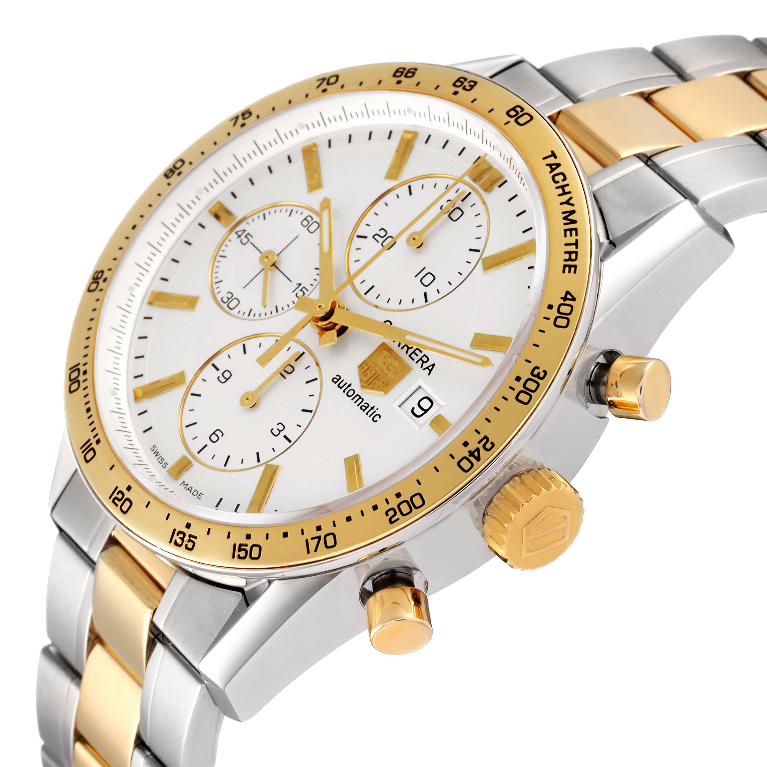 This image shows a side-angle view of the Tag Heuer Carrera CV2050.BD0789 Men's Steel and Gold (two tone) Silver Dial CV2050.BD0789 Men's Steel and Gold (two tone) Silver Dial watch, highlighting its face, bezel, crown, and part of the bracelet.