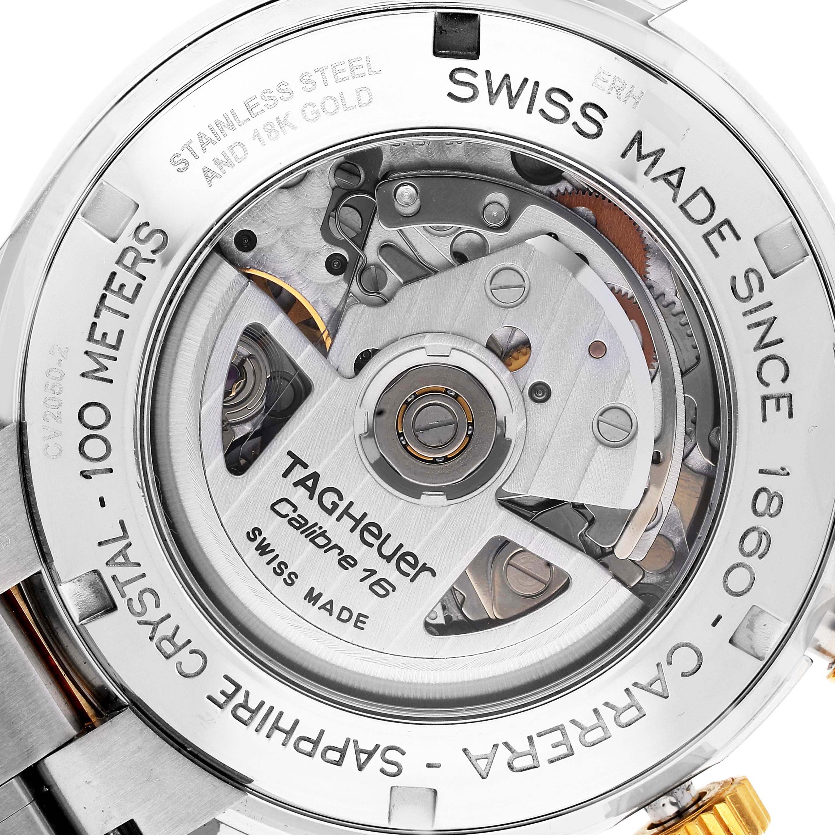 This image shows the back view of the Tag Heuer Carrera CV2050.BD0789 Men's Steel and Gold (two tone) Silver Dial CV2050.BD0789 Men's Steel and Gold (two tone) Silver Dial watch, highlighting the inner mechanisms and inscriptions.
