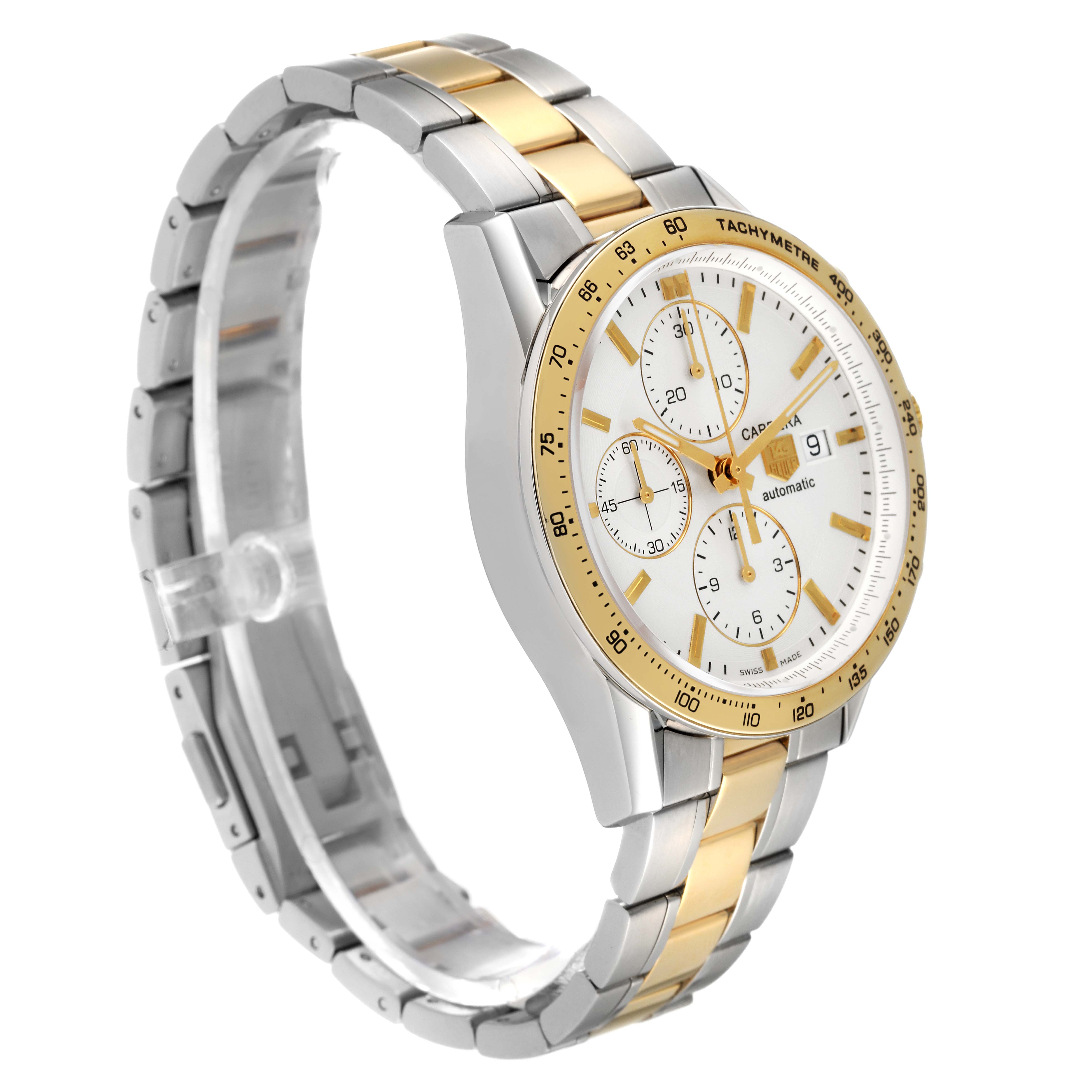The Tag Heuer Carrera CV2050.BD0789 Men's Steel and Gold (two tone) Silver Dial CV2050.BD0789 Men's Steel and Gold (two tone) Silver Dial watch is shown from a three-quarters angle, highlighting its silver and gold bracelet, white dial, and tachymeter bezel.
