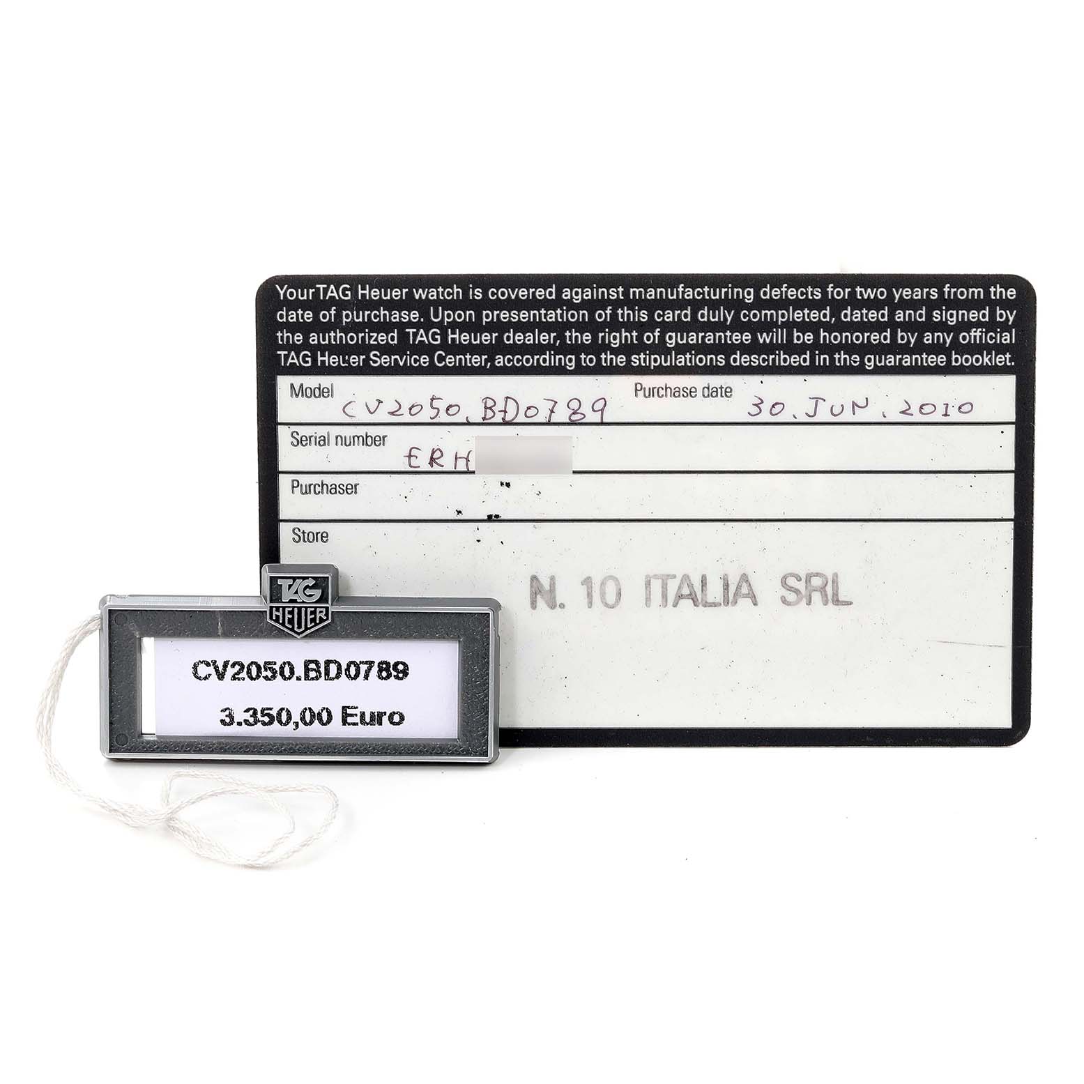 The image shows a Tag Heuer Carrera CV2050.BD0789 Men's Steel and Gold (two tone) Silver Dial CV2050.BD0789 Men's Steel and Gold (two tone) Silver Dial model CV2050.BD0789 warranty card and price tag.