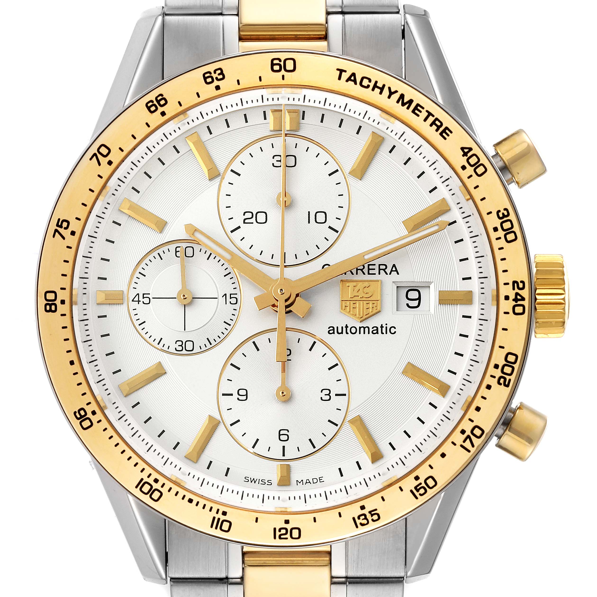 The Tag Heuer Carrera CV2050.BD0789 Men's Steel and Gold (two tone) Silver Dial CV2050.BD0789 Men's Steel and Gold (two tone) Silver Dial watch is shown from the front, displaying its gold chronograph dial, tachymeter bezel, and date window.
