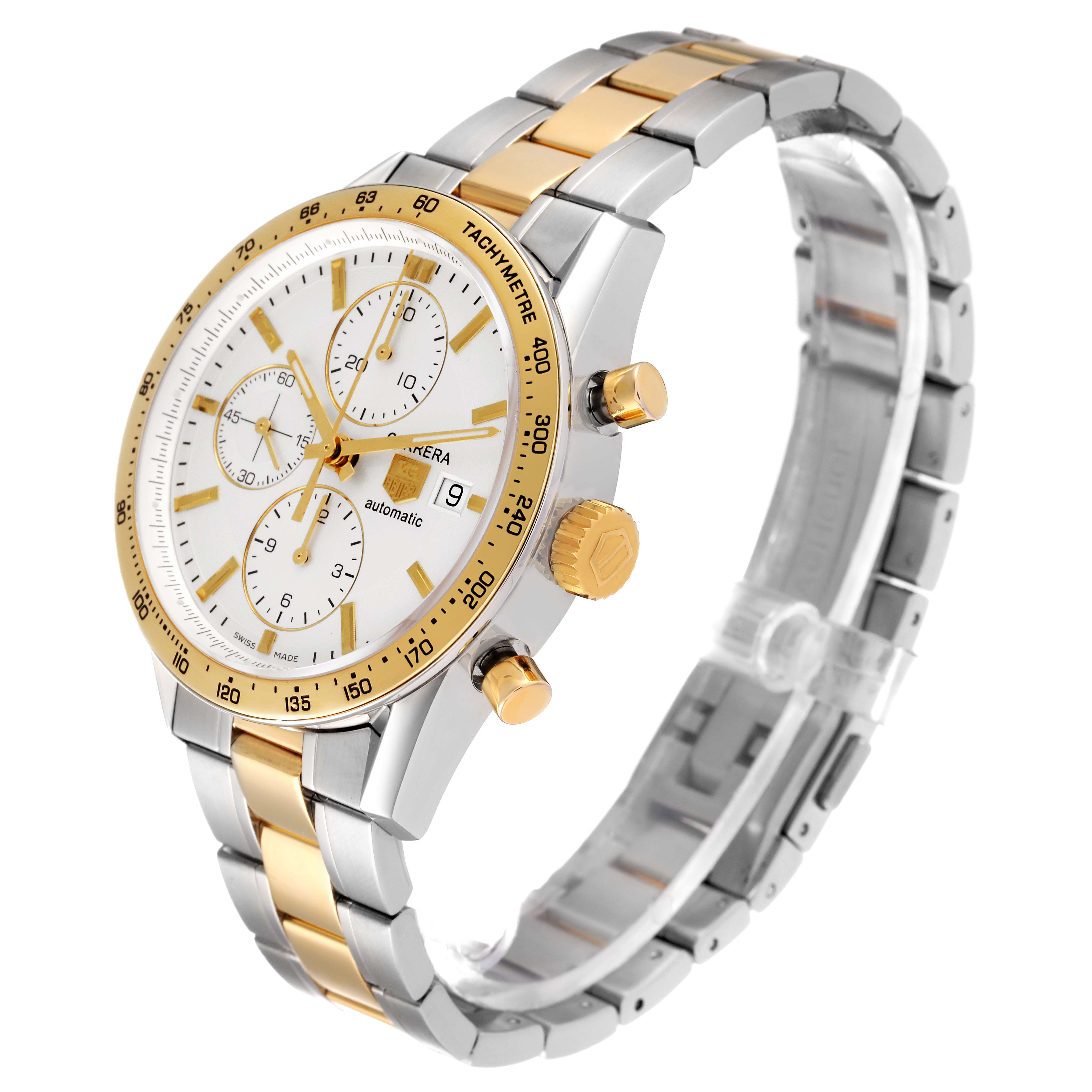 The image shows a Tag Heuer Carrera CV2050.BD0789 Men's Steel and Gold (two tone) Silver Dial CV2050.BD0789 Men's Steel and Gold (two tone) Silver Dial watch at a slight side angle, highlighting its face, bezel, crown, and bracelet.