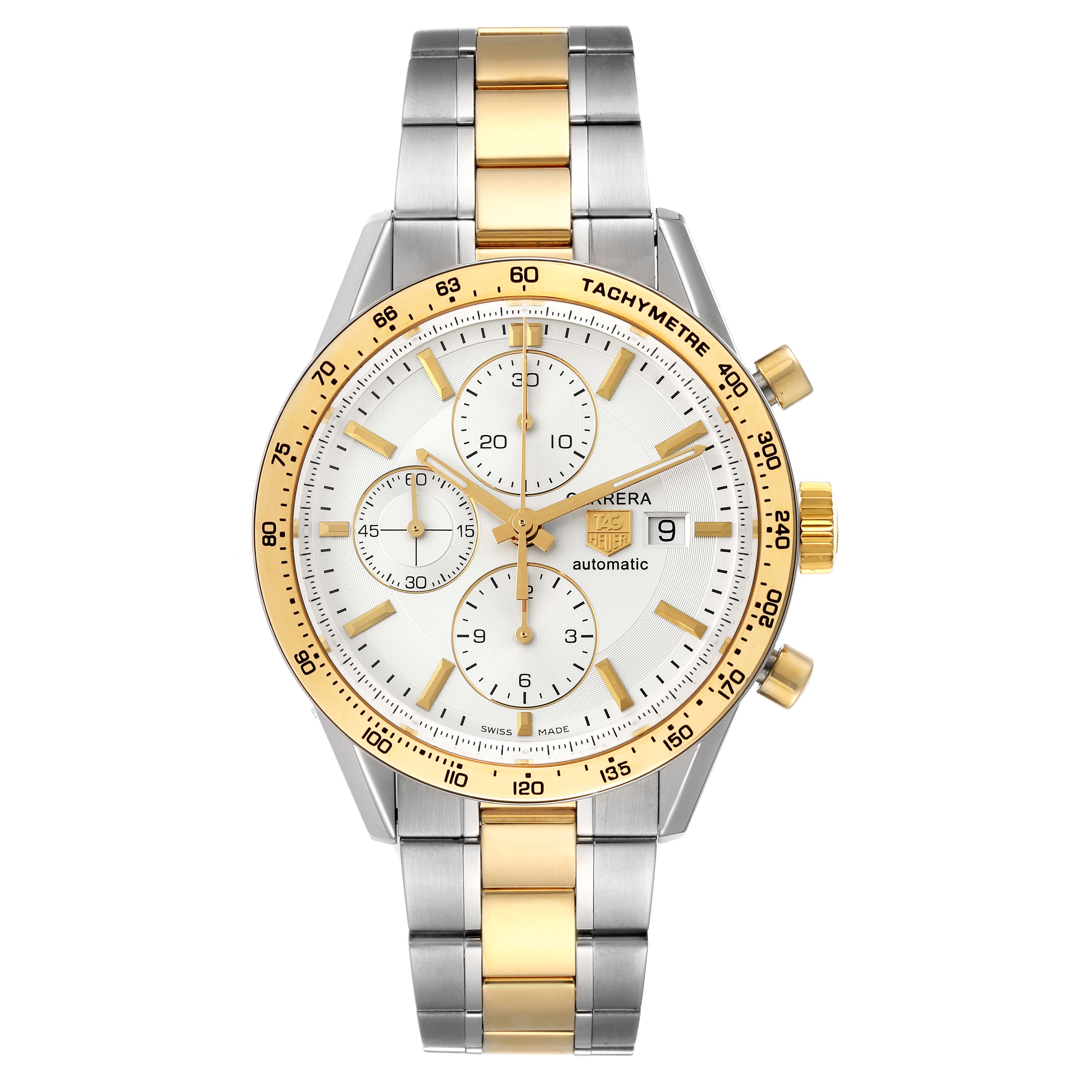 The Tag Heuer Carrera CV2050.BD0789 Men's Steel and Gold (two tone) Silver Dial CV2050.BD0789 Men's Steel and Gold (two tone) Silver Dial watch is shown from a straight-on angle, displaying its face, bezel, and two-tone bracelet.