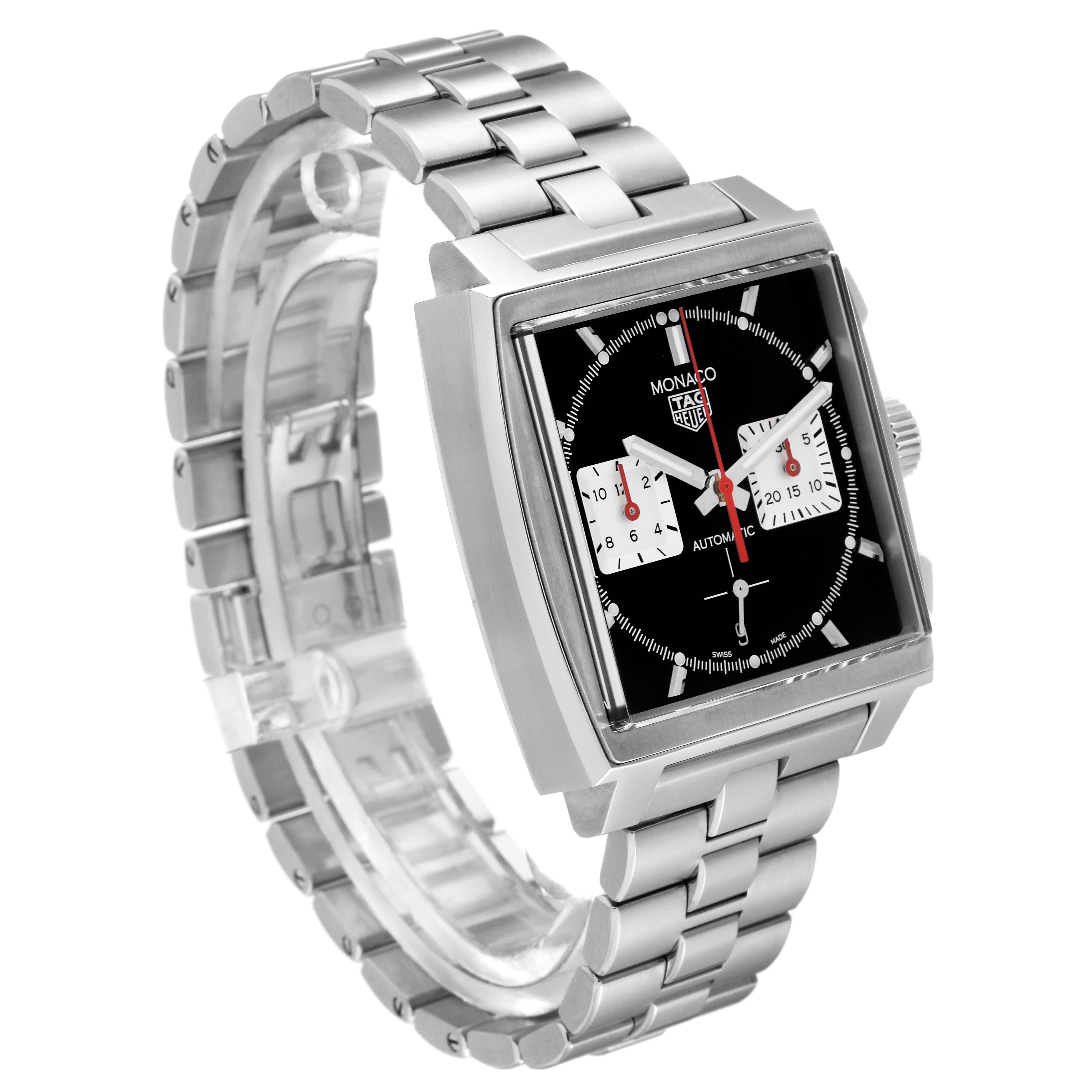 The image shows a side angle of the Tag Heuer Monaco CBL2113 Men
s Stainless Steel Black Dial CBL2113 Men
s Stainless Steel Black Dial watch, highlighting its square dial and stainless steel bracelet.