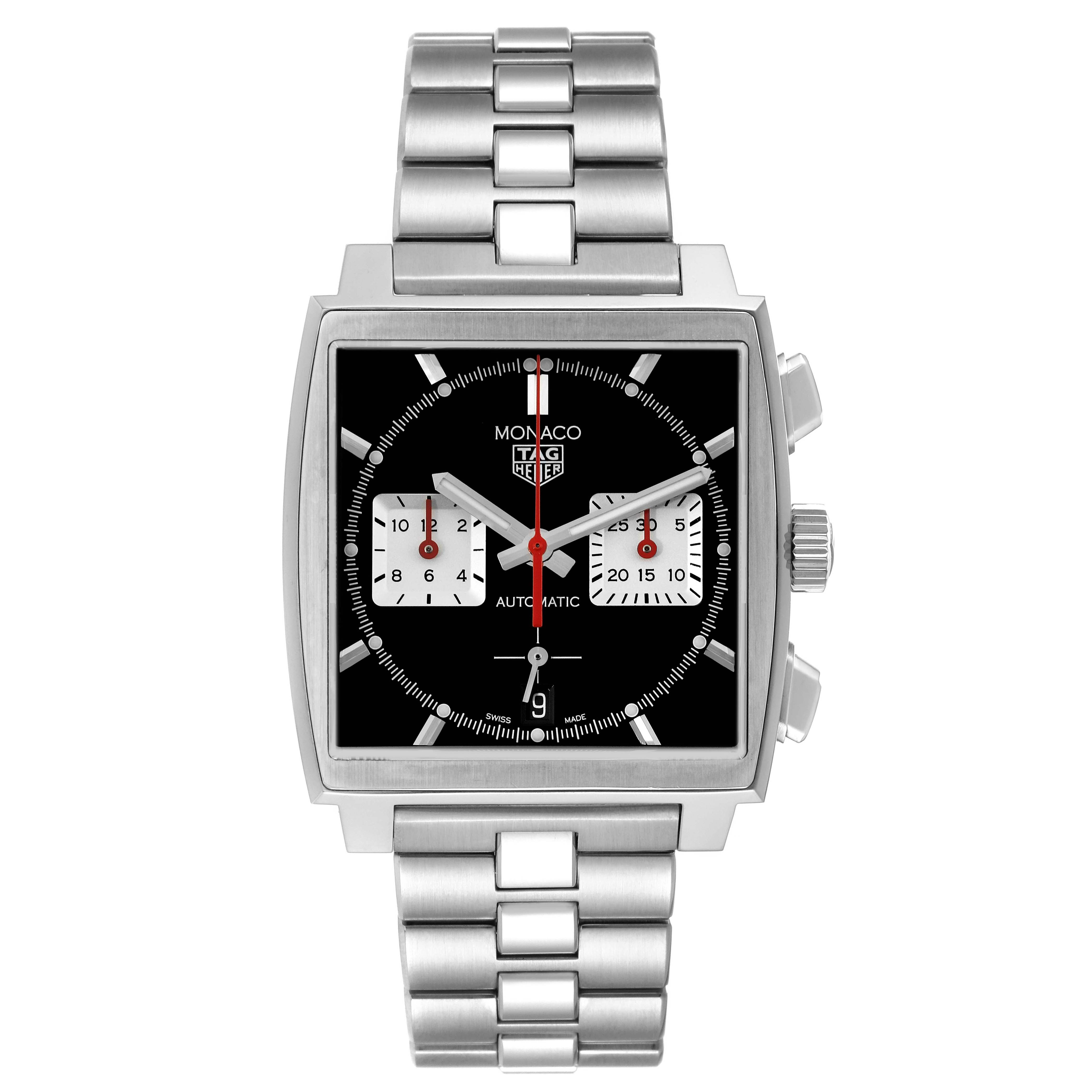 The Tag Heuer Monaco CBL2113 Men's Stainless Steel Black Dial watch is shown from the front, displaying its square face, subdials, and metal bracelet.