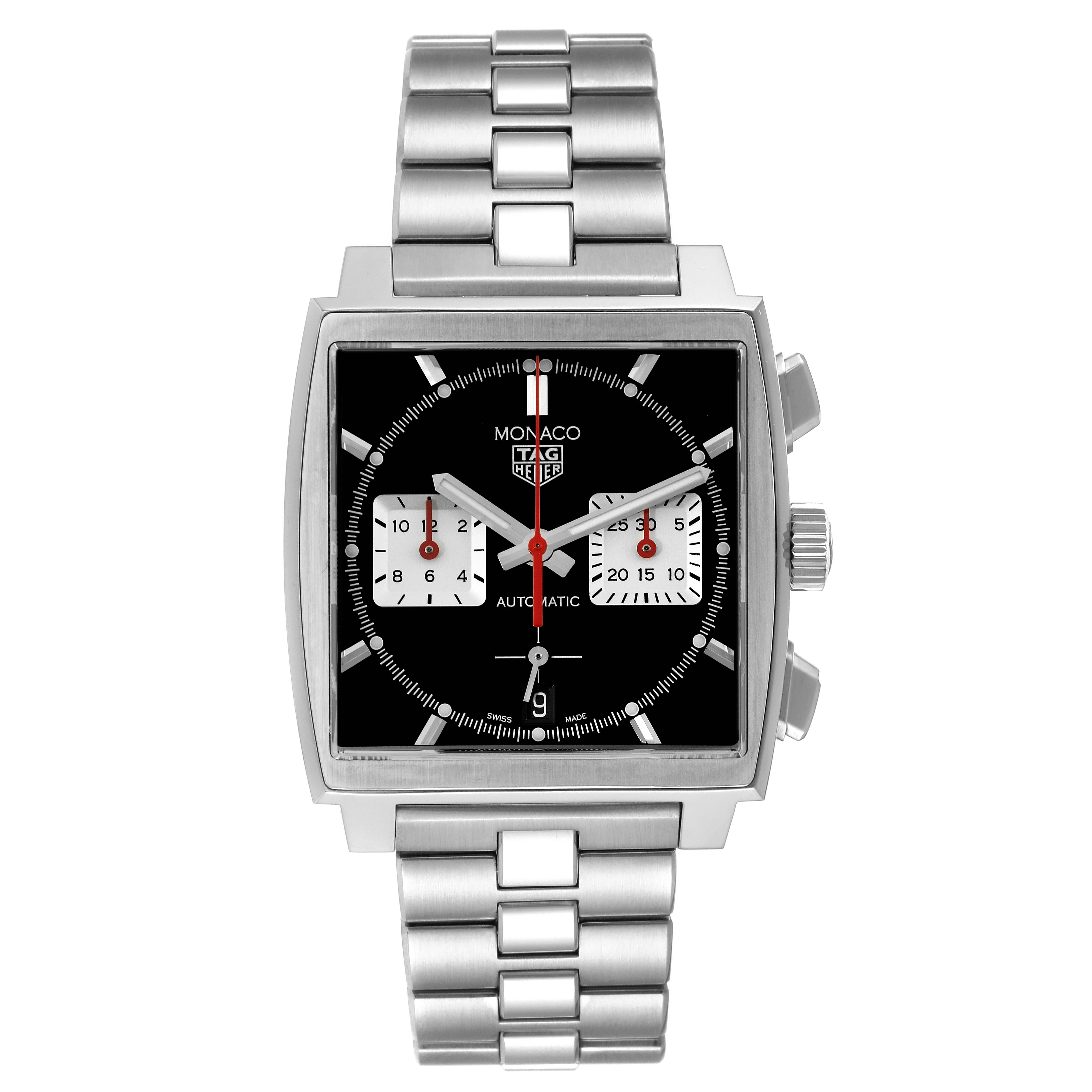 The Tag Heuer Monaco CBL2113 Men
s Stainless Steel Black Dial CBL2113 Men
s Stainless Steel Black Dial watch is shown from the front, displaying its face, dial, and bracelet.