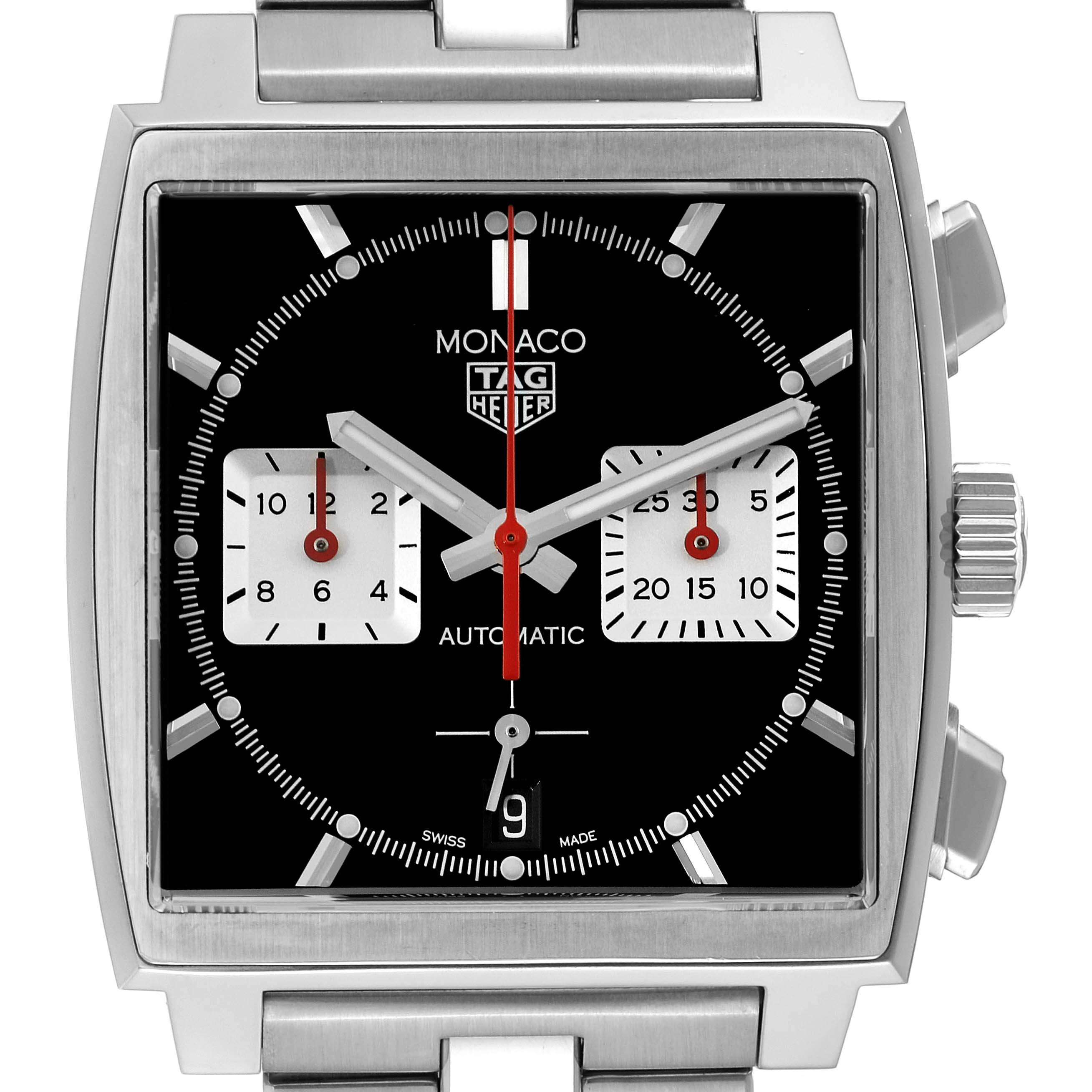 The image shows a front view of the Tag Heuer Monaco CBL2113 Men
s Stainless Steel Black Dial CBL2113 Men
s Stainless Steel Black Dial model watch, highlighting its square dial and chronograph subdials.