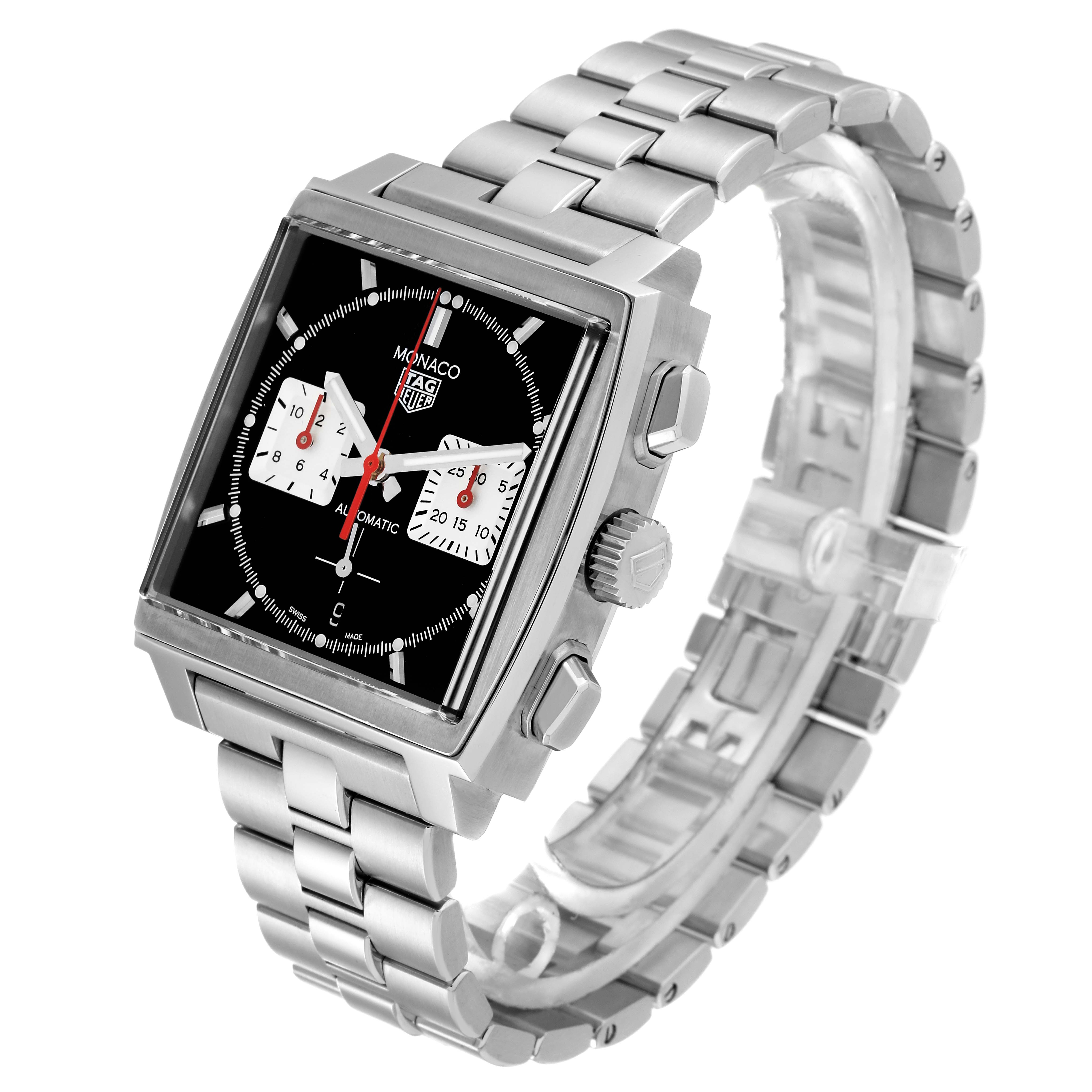 The image shows the front and side view of the Tag Heuer Monaco CBL2113 Men
s Stainless Steel Black Dial CBL2113 Men
s Stainless Steel Black Dial watch, highlighting its rectangular face, dial, crown, and bracelet.