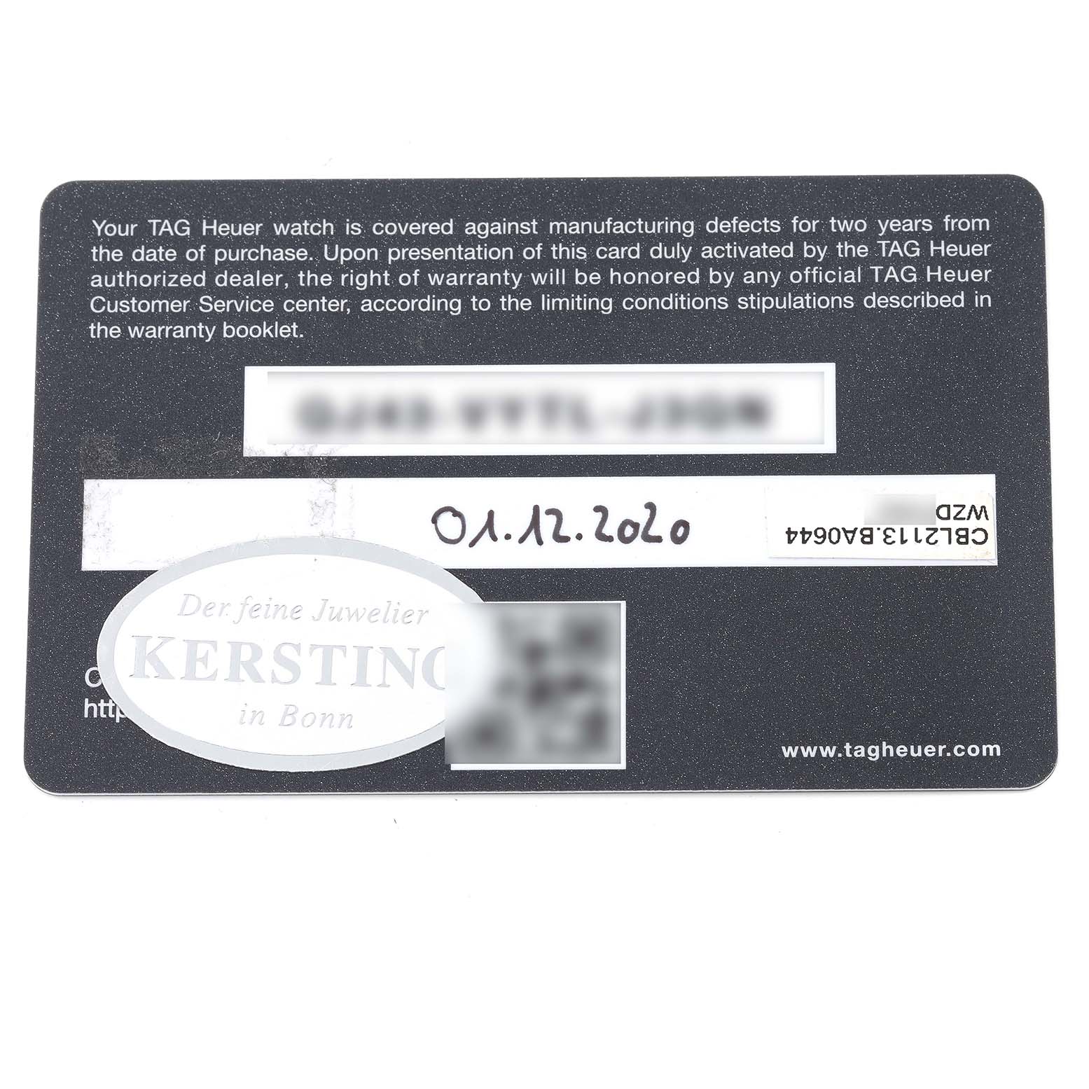 This image shows the warranty card for the Tag Heuer Monaco CBL2113 Men
s Stainless Steel Black Dial CBL2113 Men
s Stainless Steel Black Dial model, detailing warranty information and activation date.