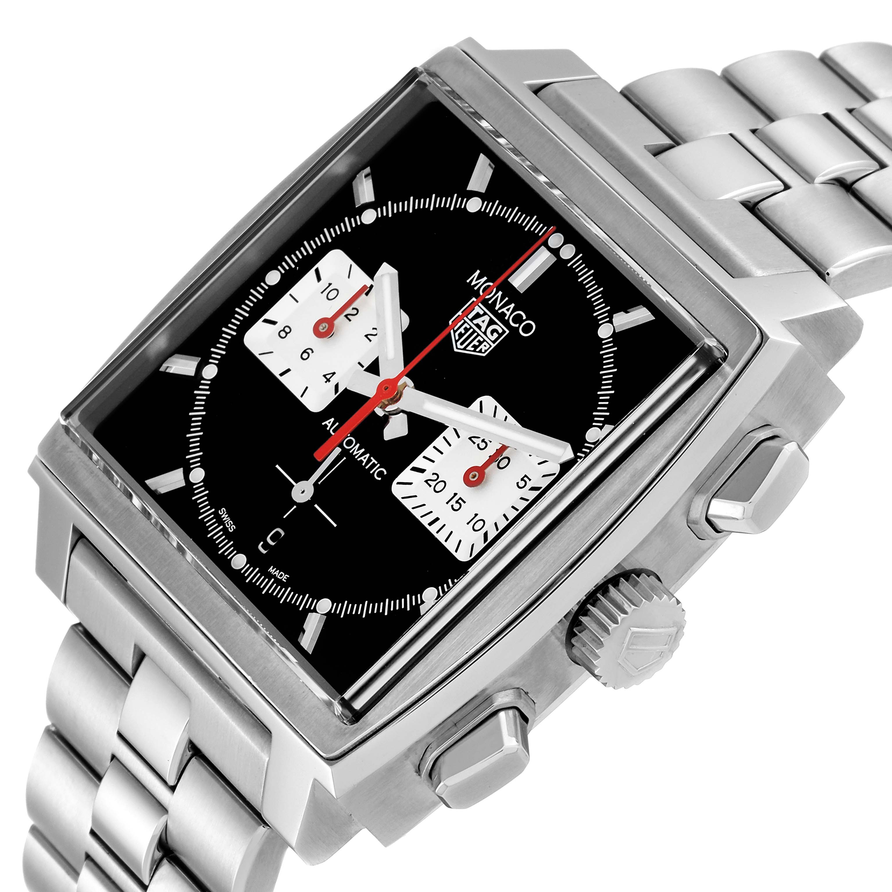 This Tag Heuer Monaco CBL2113 Men
s Stainless Steel Black Dial CBL2113 Men
s Stainless Steel Black Dial watch is shown at an angled view, displaying its square black face, chronograph dials, and stainless steel bracelet.