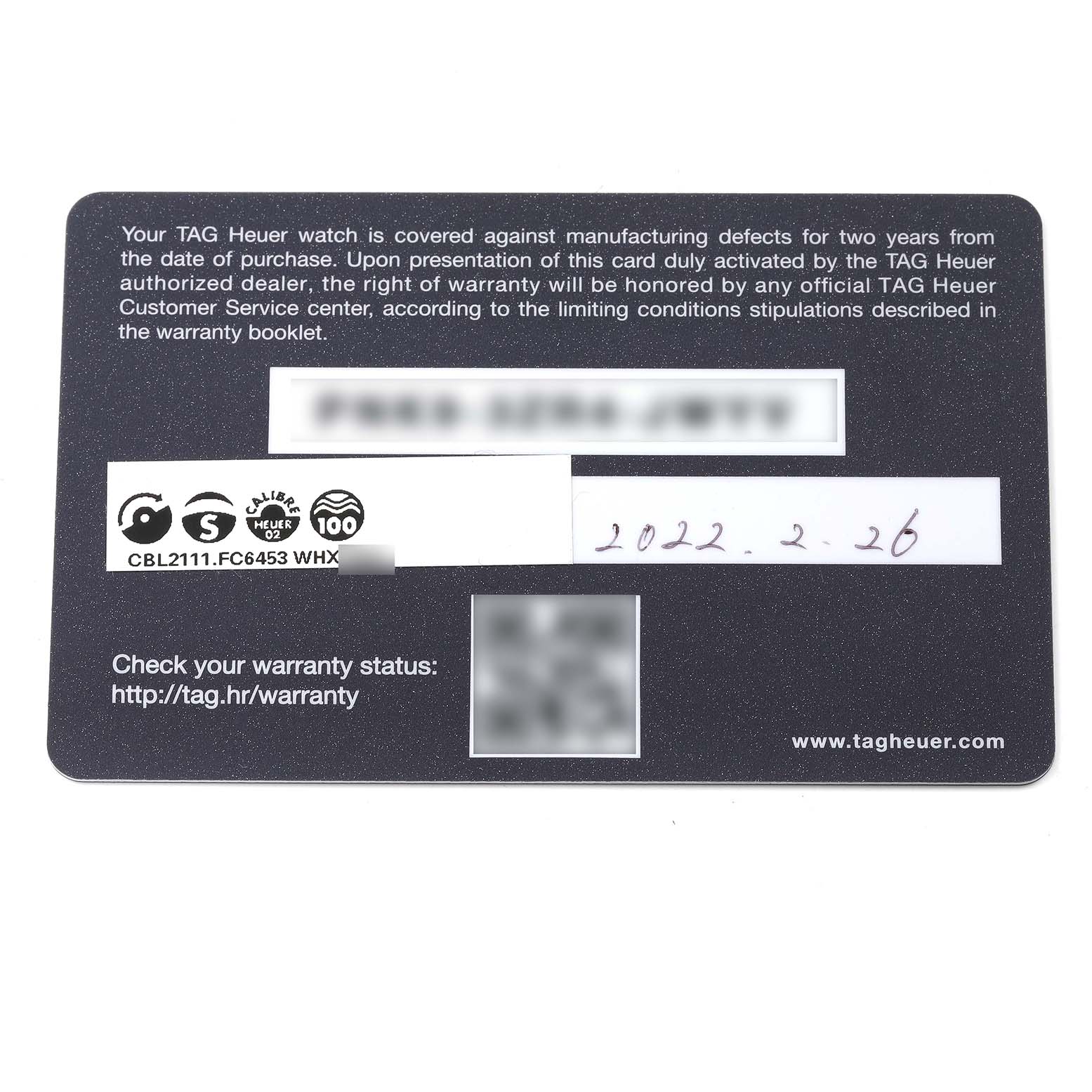 The image shows the warranty card for a Tag Heuer Monaco CBL2111.FC6453 Men's Stainless Steel Blue Dial CBL2111.FC6453 Men's Stainless Steel Blue Dial model watch, displaying warranty terms and a purchase date.