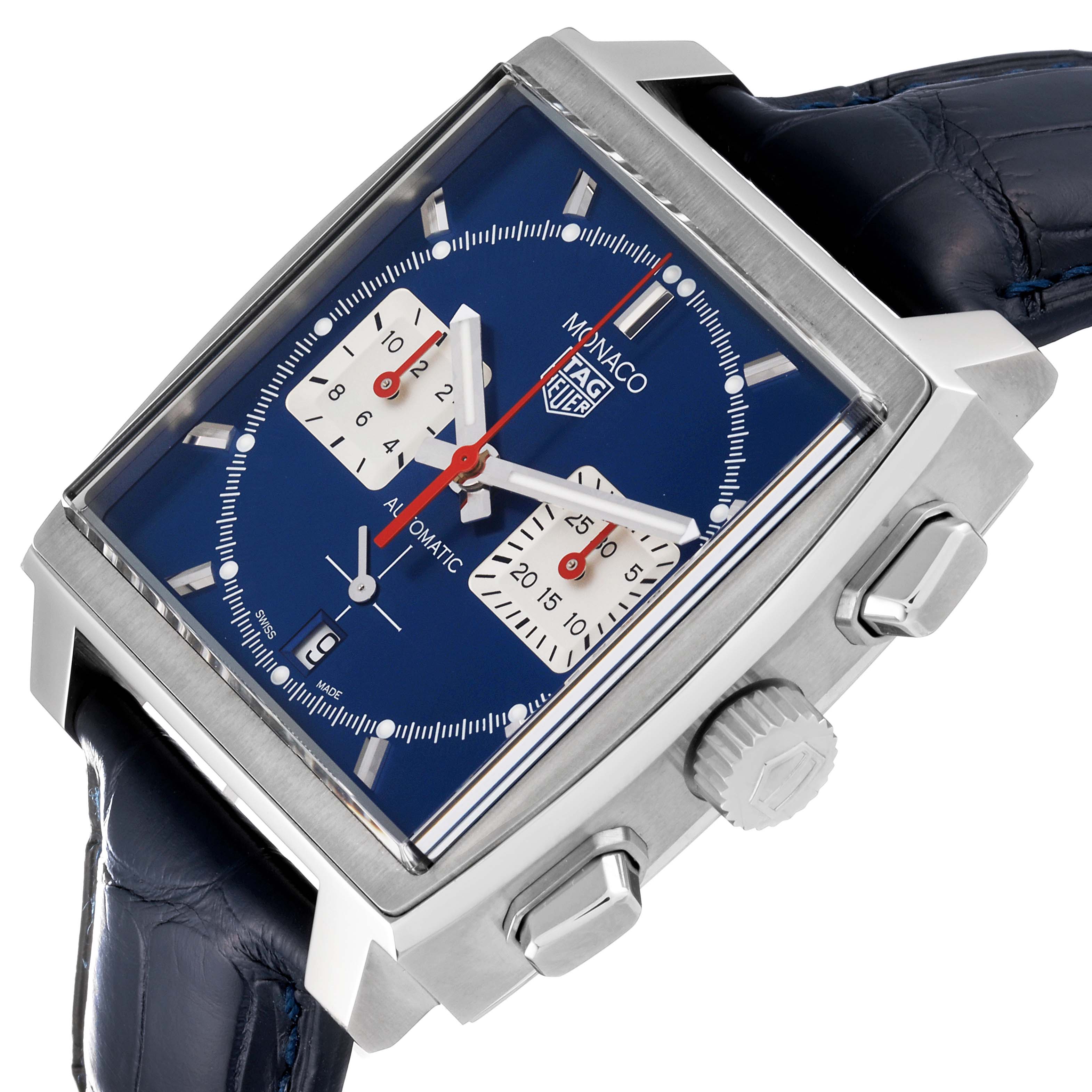 The image shows a Tag Heuer Monaco CBL2111.FC6453 Men's Stainless Steel Blue Dial CBL2111.FC6453 Men's Stainless Steel Blue Dial watch at a slight angle, highlighting the crown, pushers, and dial details.