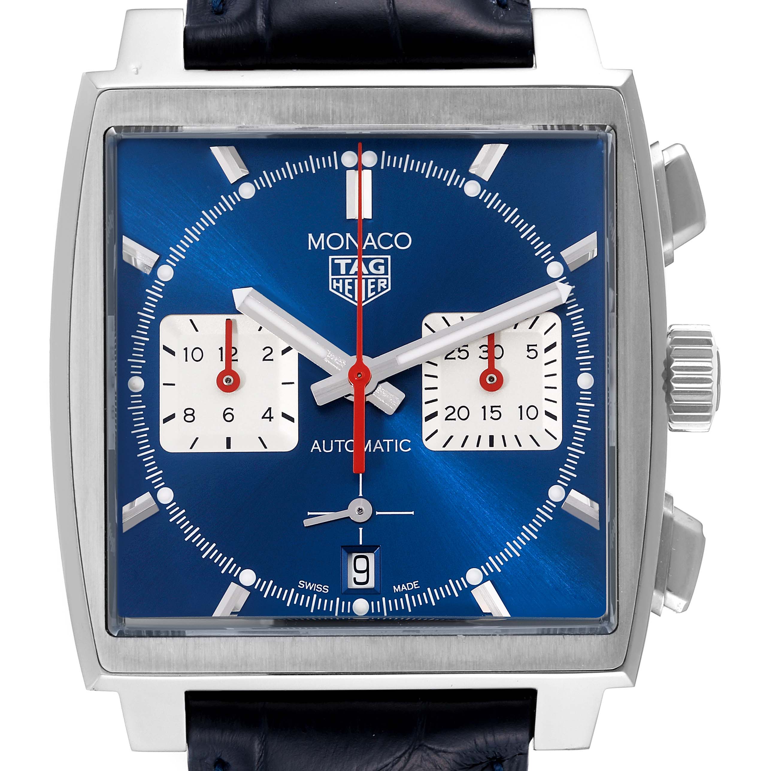 The image shows the front face of the Monaco model watch by Tag Heuer, highlighting its blue square dial, subdials, and crown.