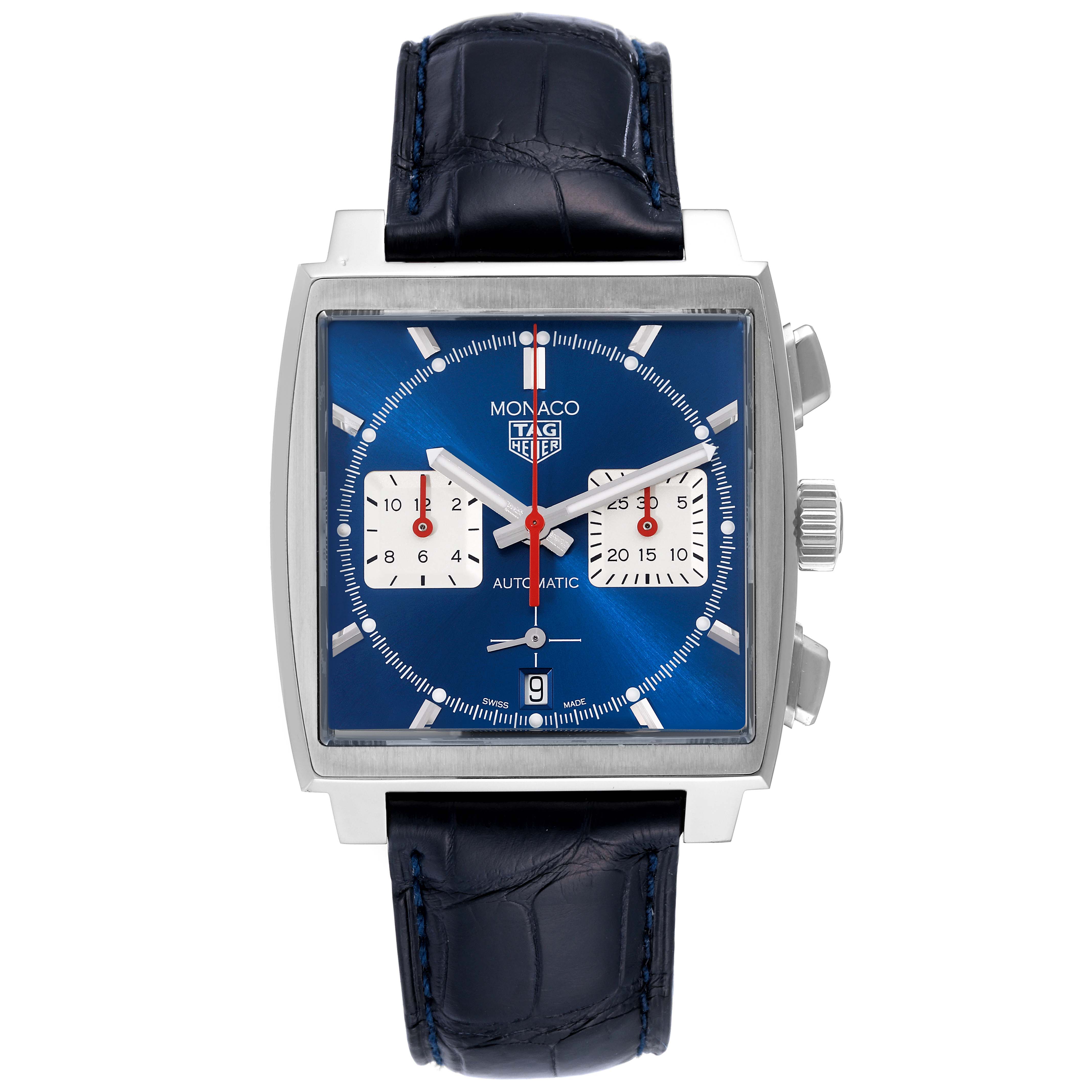 This image shows a front view of the Tag Heuer Monaco CBL2111.FC6453 Men's Stainless Steel Blue Dial CBL2111.FC6453 Men's Stainless Steel Blue Dial watch, displaying its face, dial, and leather strap.