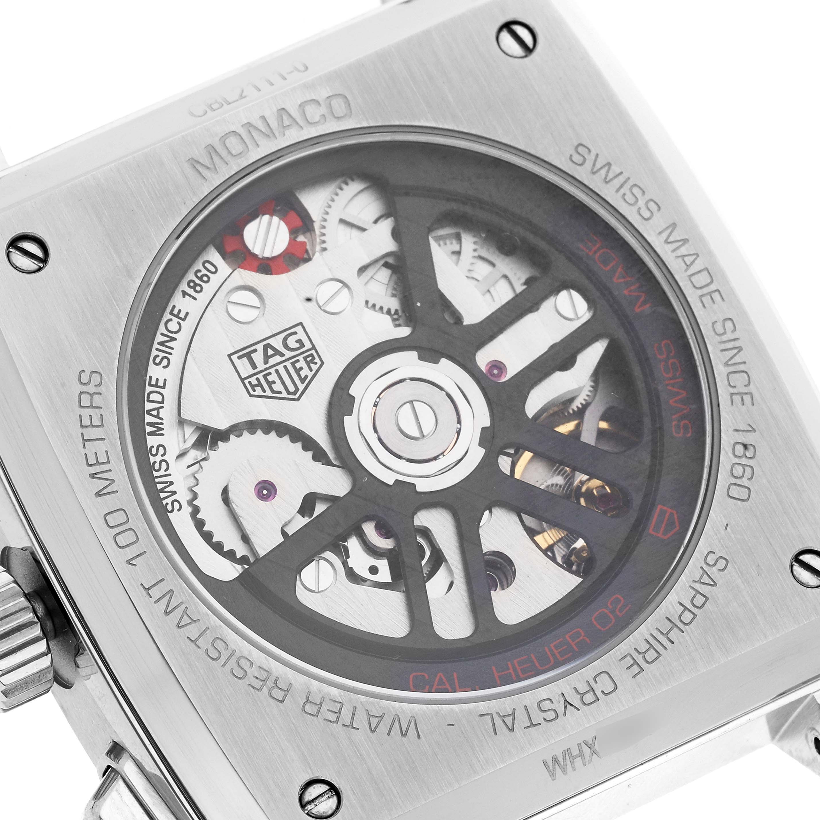 The image shows the back case and internal mechanism of the Tag Heuer Monaco CBL2111.FC6453 Men's Stainless Steel Blue Dial CBL2111.FC6453 Men's Stainless Steel Blue Dial watch.