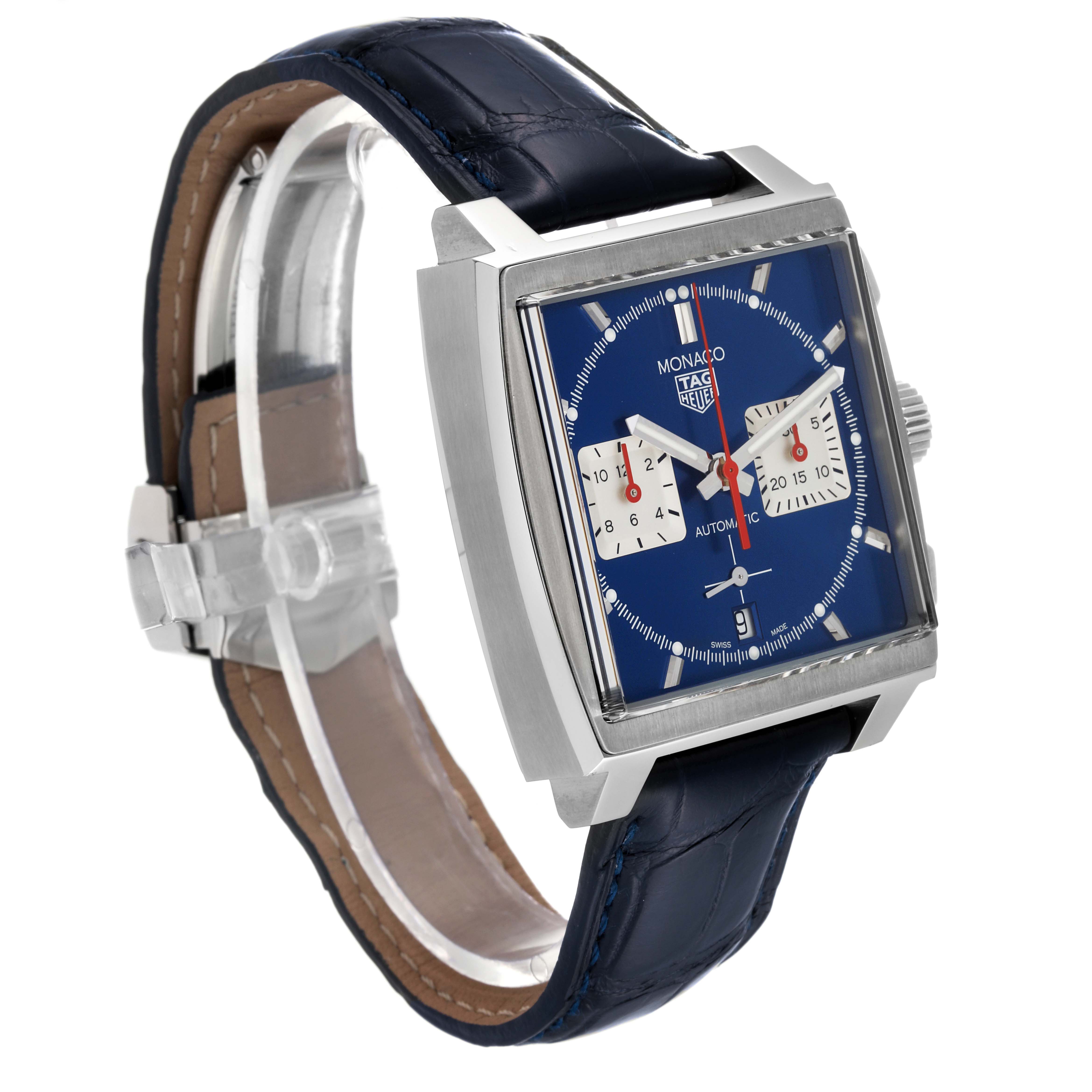 The image shows a side angle view of the Tag Heuer Monaco CBL2111.FC6453 Men's Stainless Steel Blue Dial CBL2111.FC6453 Men's Stainless Steel Blue Dial watch, highlighting the face, strap, and case.