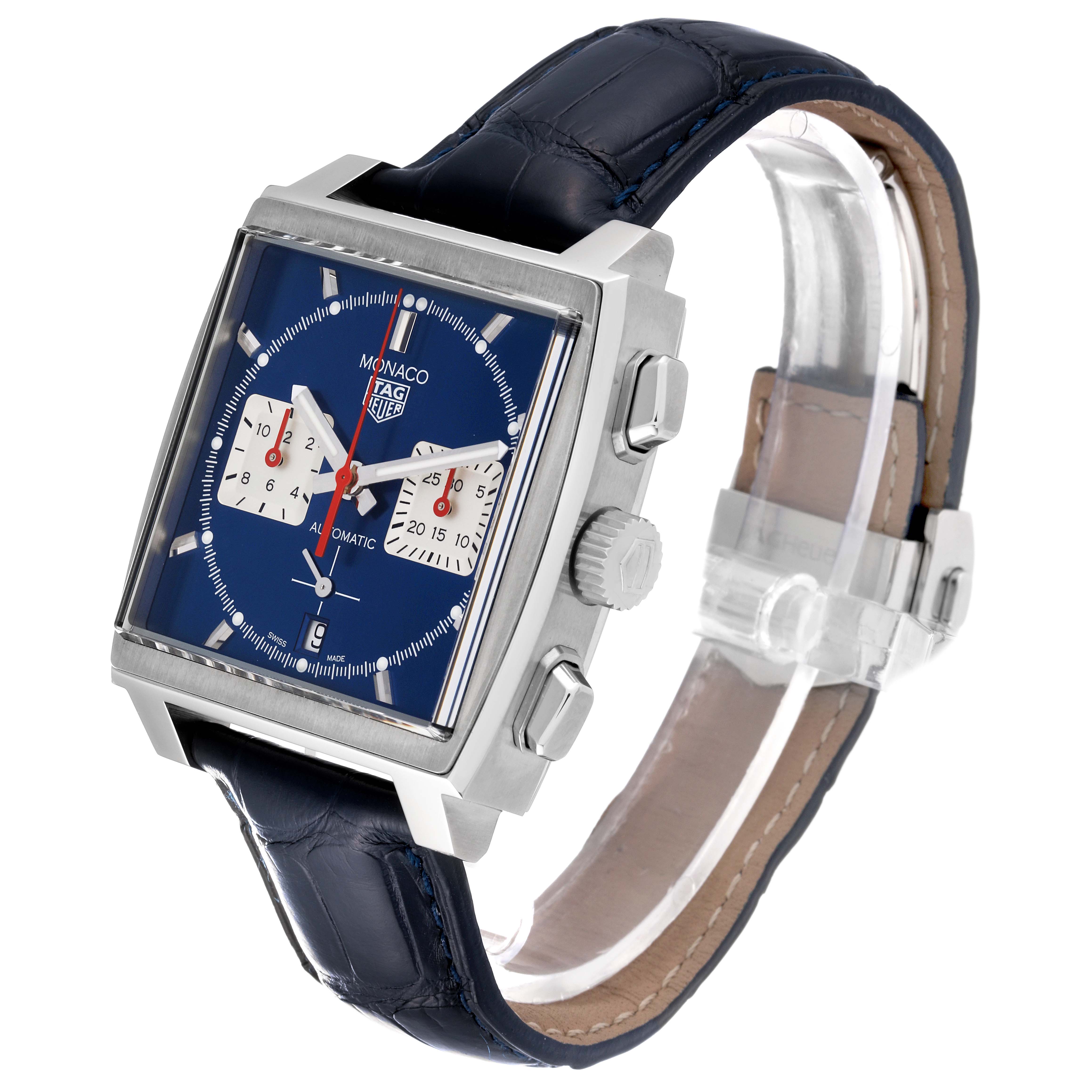 The image shows a side and slightly angled view of a Tag Heuer Monaco CBL2111.FC6453 Men's Stainless Steel Blue Dial CBL2111.FC6453 Men's Stainless Steel Blue Dial watch, highlighting the face, crown, pushers, and leather strap.