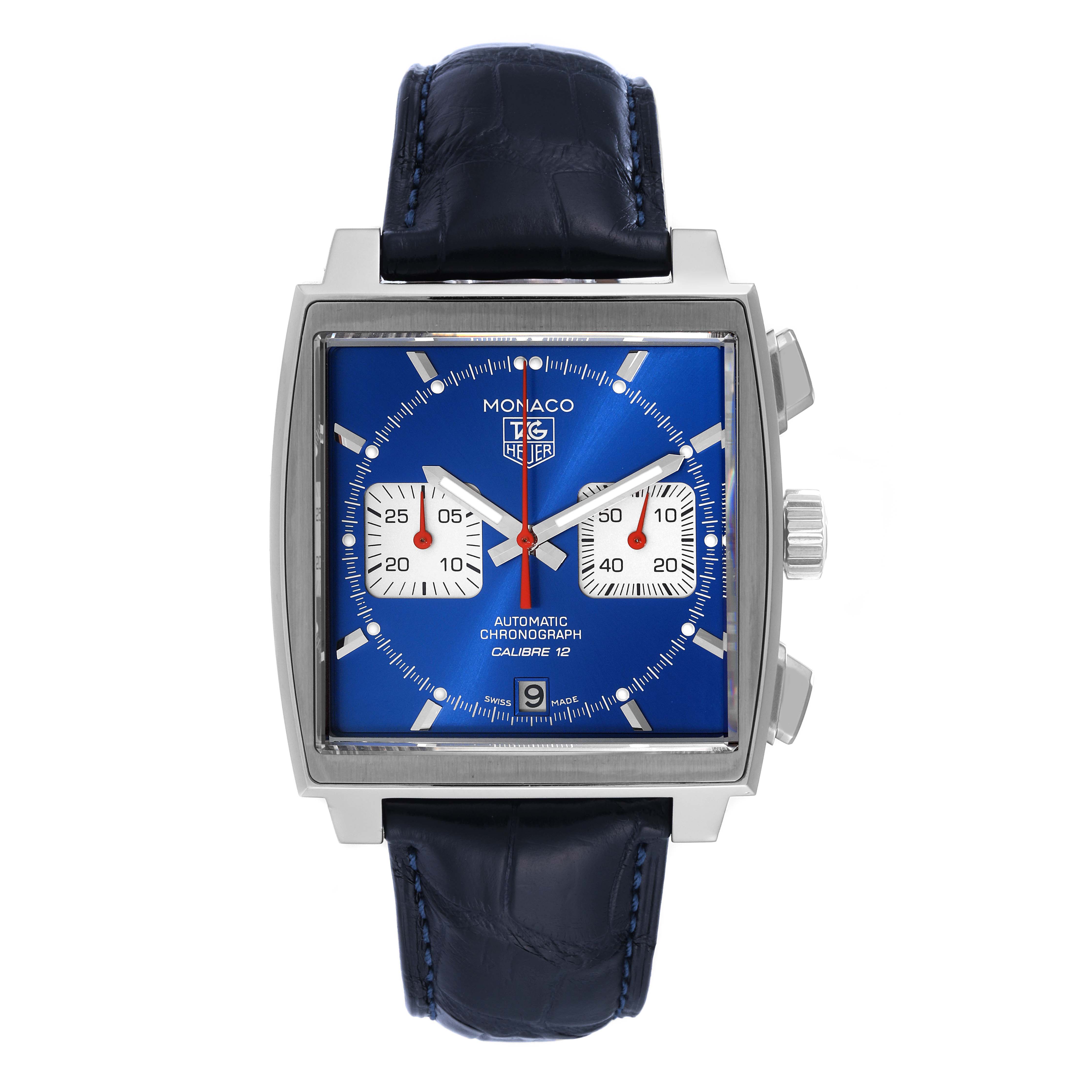 This image shows a front view of the Tag Heuer Monaco CAW2111 Men's Stainless Steel Blue Dial CAW2111 Men's Stainless Steel Blue Dial watch featuring a blue dial and black leather strap.
