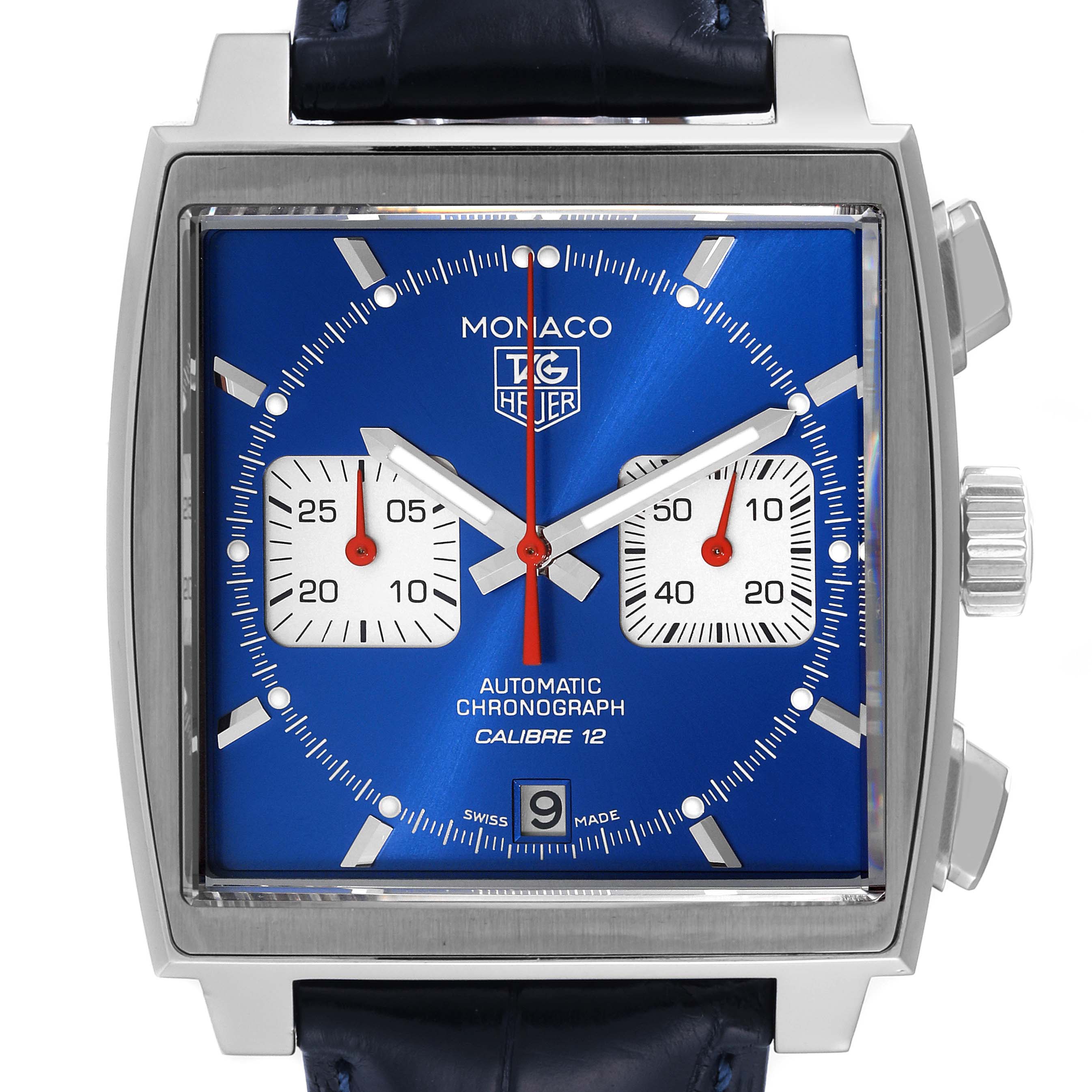 The image shows a front view of a Tag Heuer Monaco CAW2111 Men's Stainless Steel Blue Dial CAW2111 Men's Stainless Steel Blue Dial watch, displaying its dial, hands, subdials, and date window.