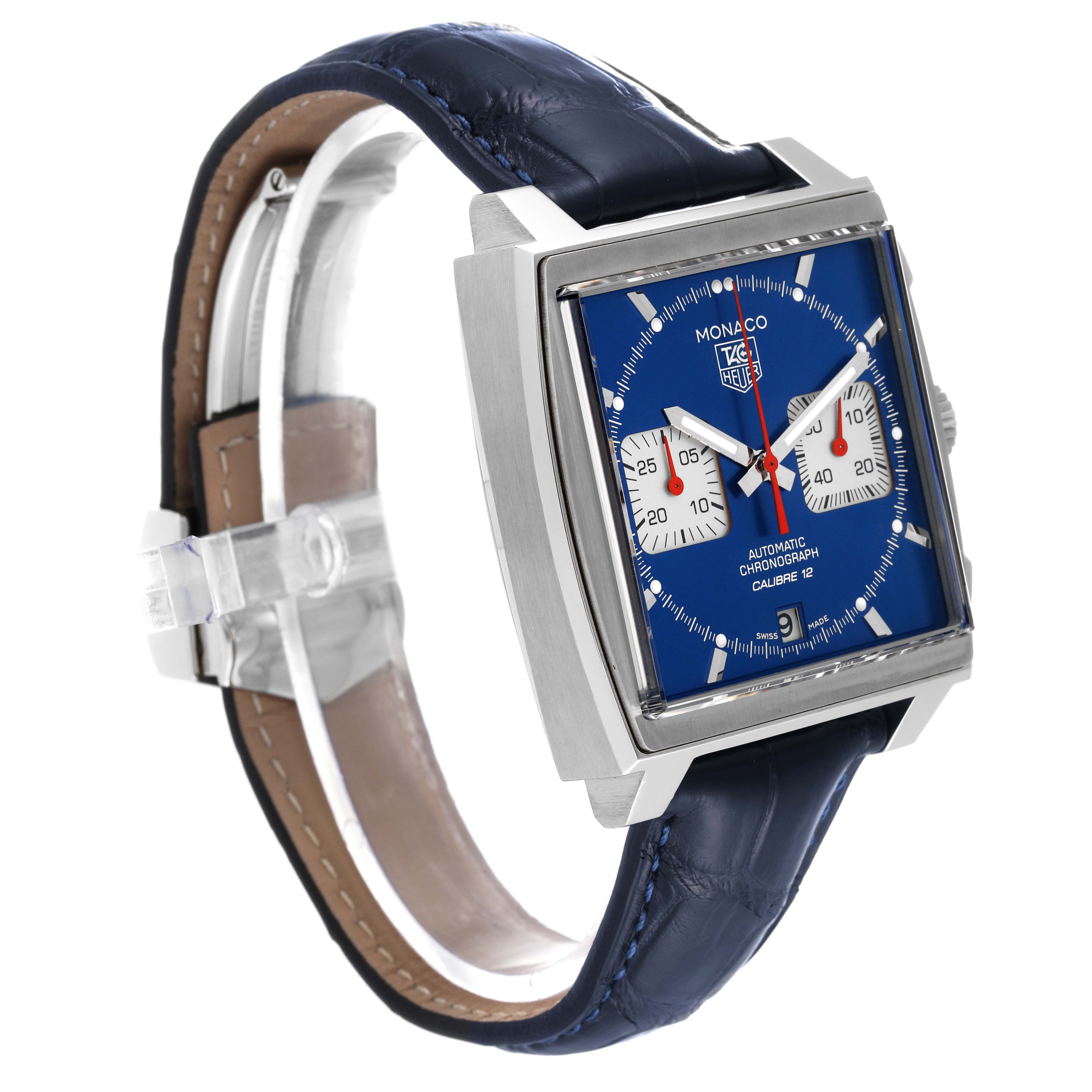 The image shows a side and front angled view of the Tag Heuer Monaco CAW2111 Men's Stainless Steel Blue Dial CAW2111 Men's Stainless Steel Blue Dial watch, displaying its blue dial, rectangular case, and leather strap.