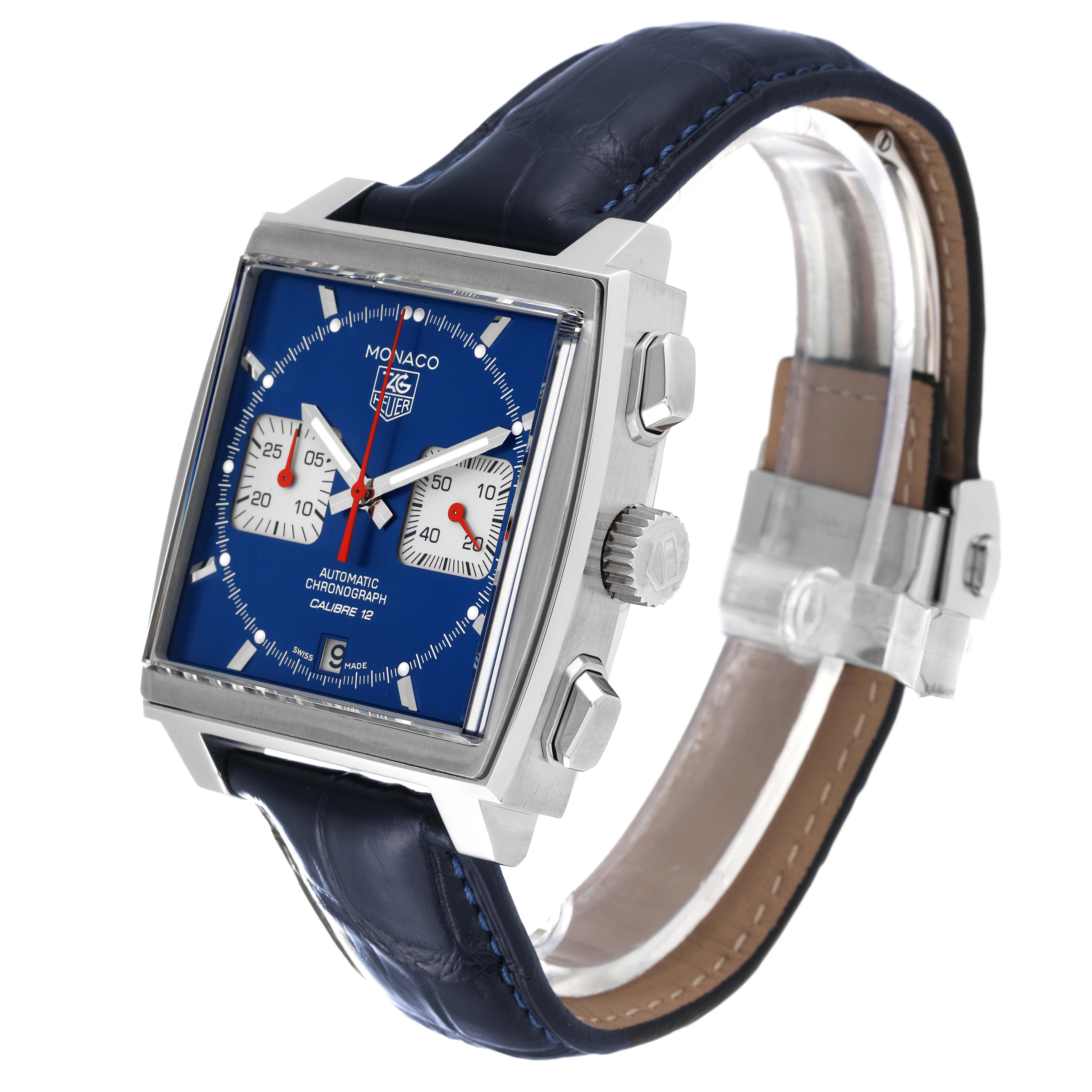 This image shows a side angle of the Tag Heuer Monaco CAW2111 Men's Stainless Steel Blue Dial CAW2111 Men's Stainless Steel Blue Dial watch, displaying the face, crown, pushers, and leather strap.