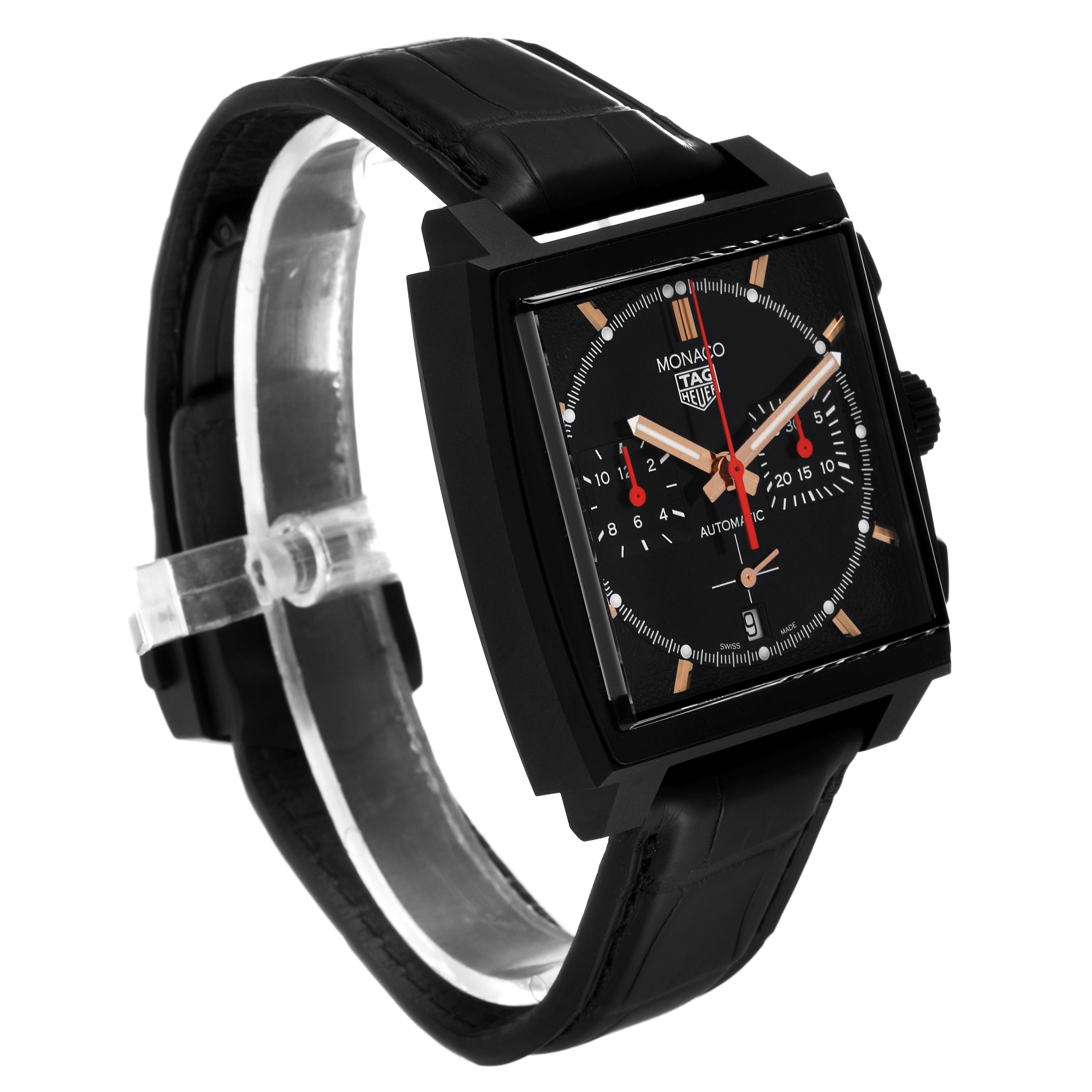 The Tag Heuer Monaco CBL2180 Men's Titanium Black Dial CBL2180 Men's Titanium Black Dial watch is shown at a three-quarter angle, highlighting its face, leather strap, and square case.