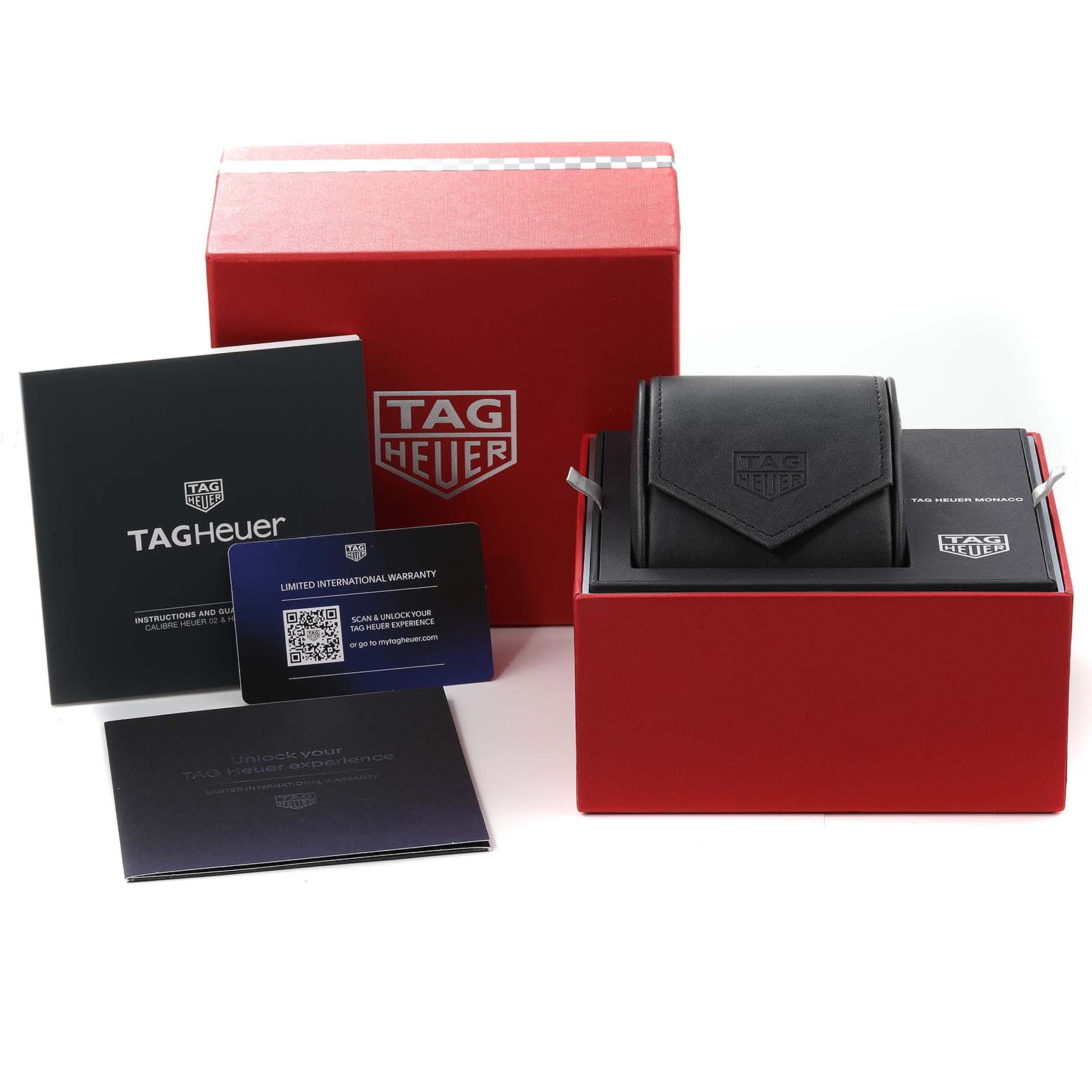 This image shows the packaging, watch case, warranty card, and booklets for a Tag Heuer Monaco CBL2180 Men's Titanium Black Dial CBL2180 Men's Titanium Black Dial watch.