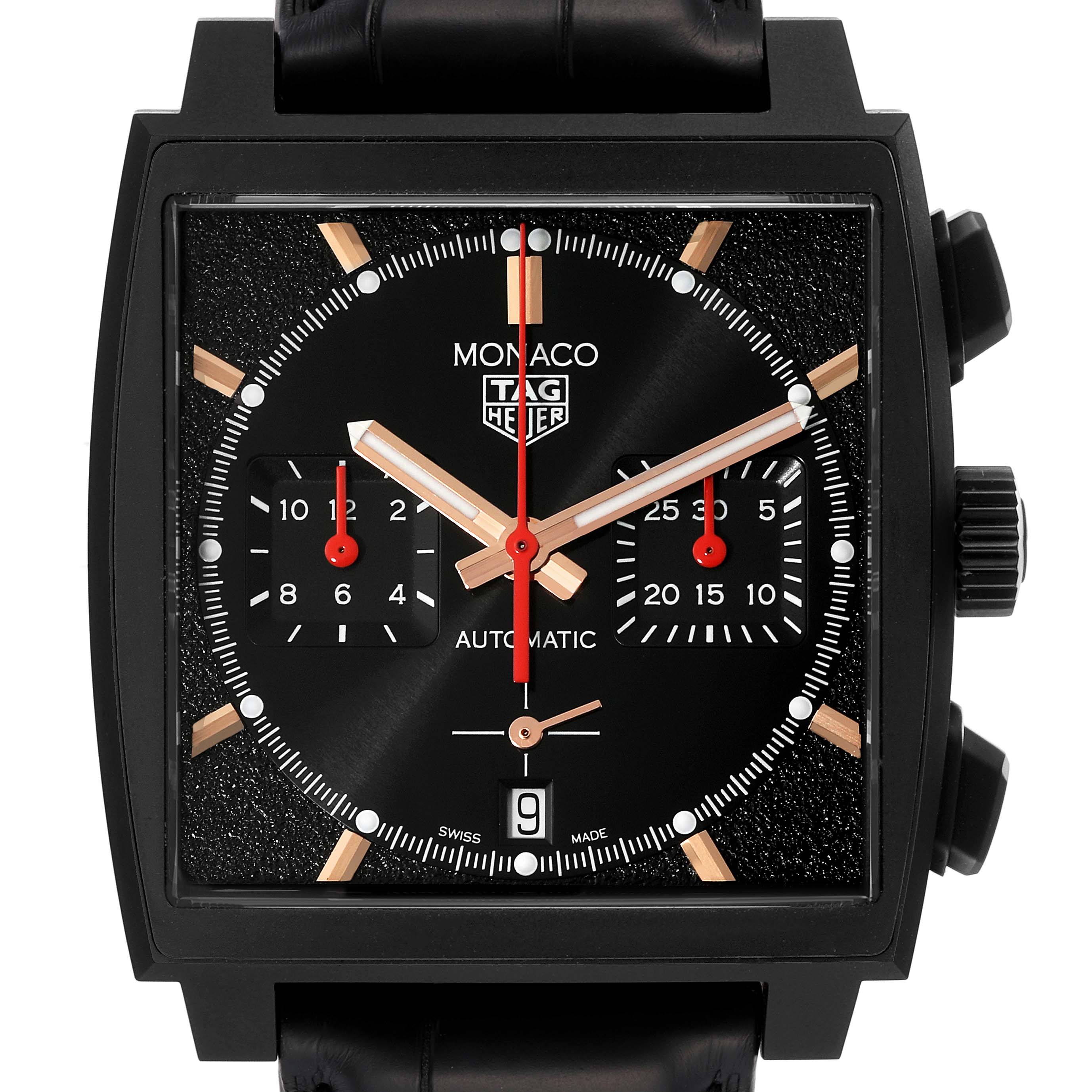 The image shows a forward-facing Tag Heuer Monaco CBL2180 Men's Titanium Black Dial CBL2180 Men's Titanium Black Dial watch, highlighting the dial, subdials, crown, and date window.