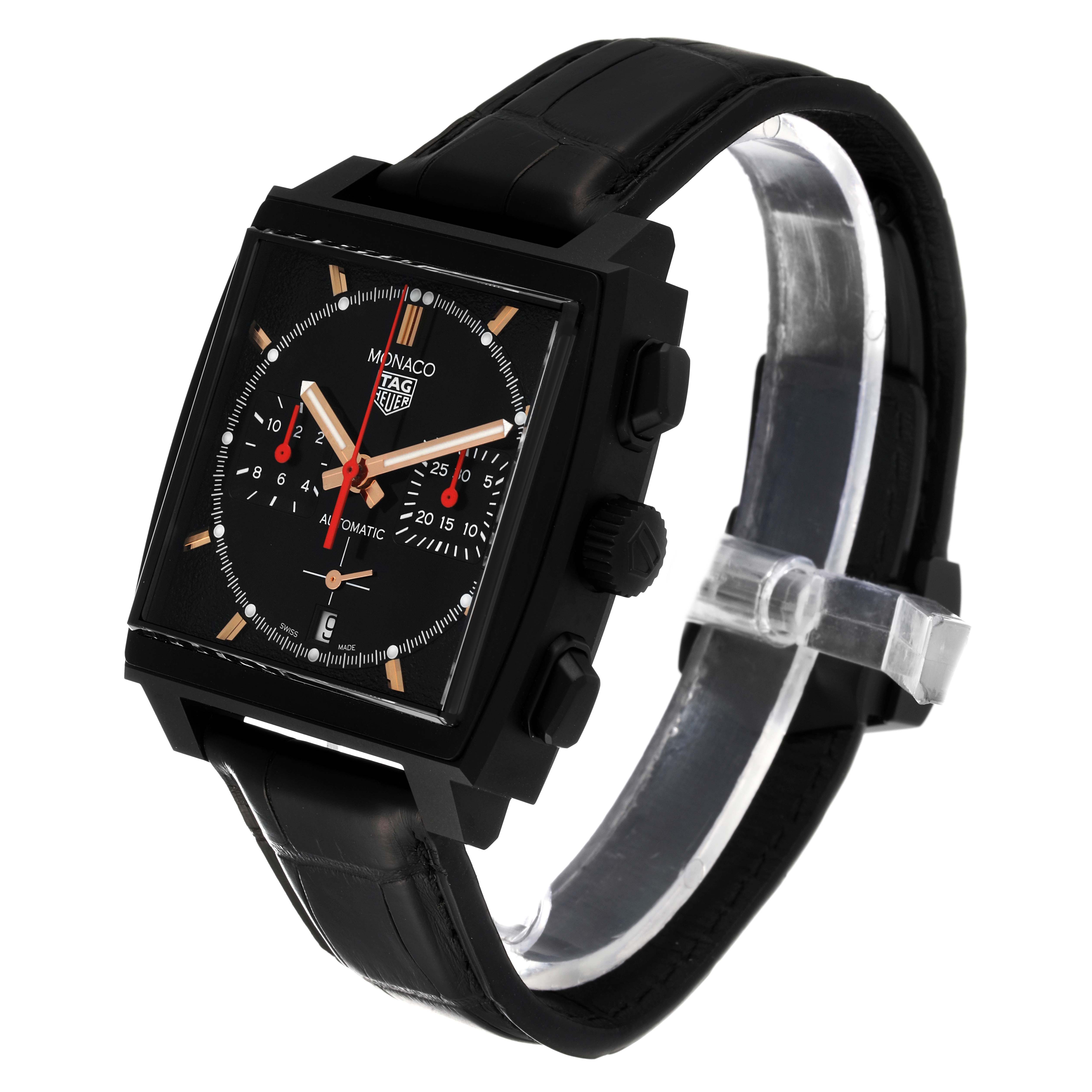 The image shows a side angle of the Tag Heuer Monaco CBL2180 Men's Titanium Black Dial CBL2180 Men's Titanium Black Dial model, highlighting its black leather strap and square face with three side buttons.