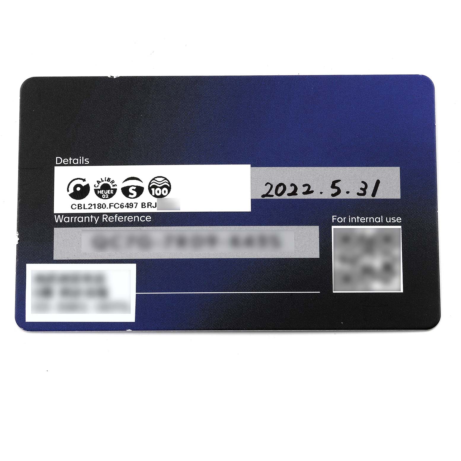 This is a warranty card for the Monaco model by Tag Heuer, showing details, warranty reference, and a purchase date of 2022.5.31.