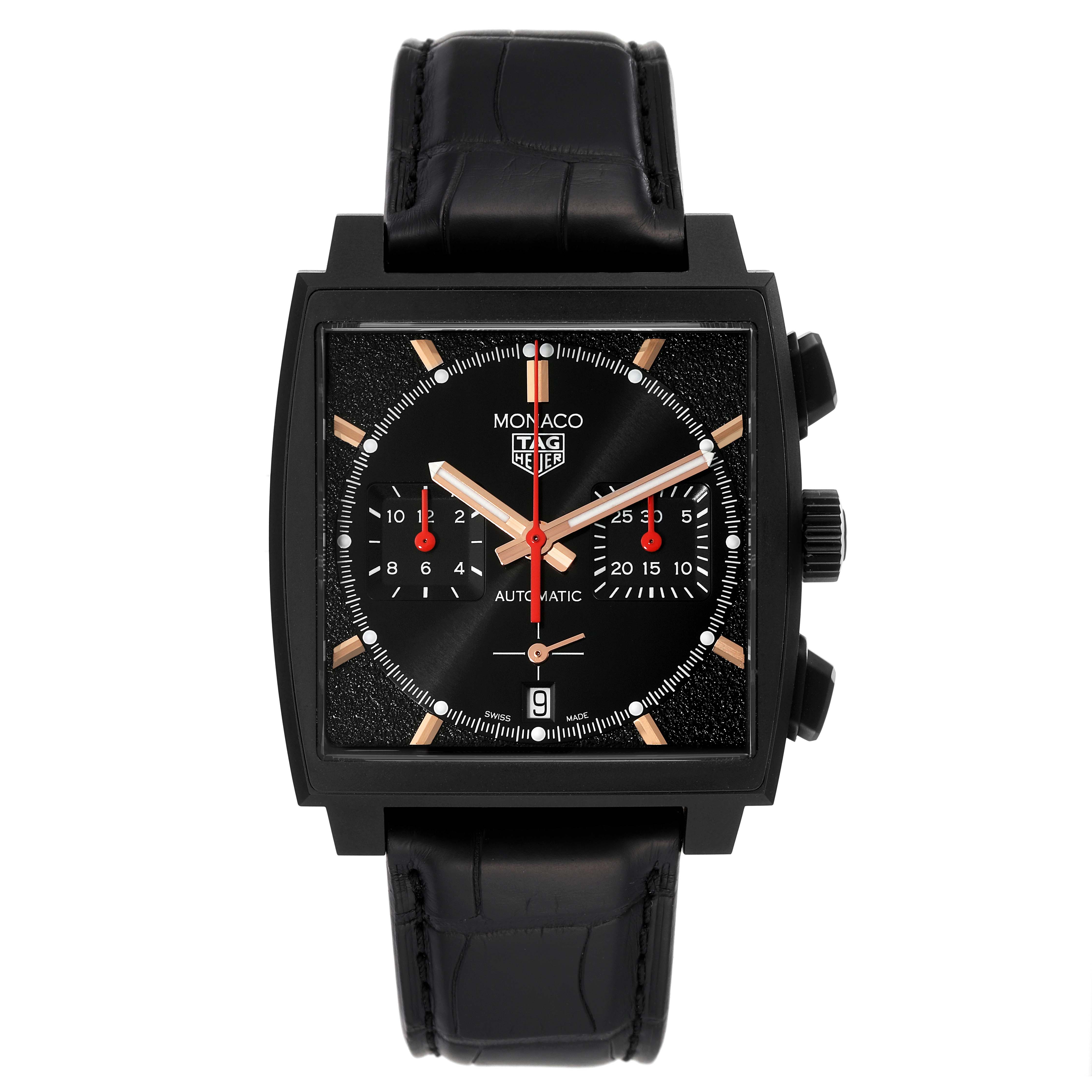 The image shows a front view of the Tag Heuer Monaco CBL2180 Men's Titanium Black Dial CBL2180 Men's Titanium Black Dial watch, highlighting its square face and black leather strap.