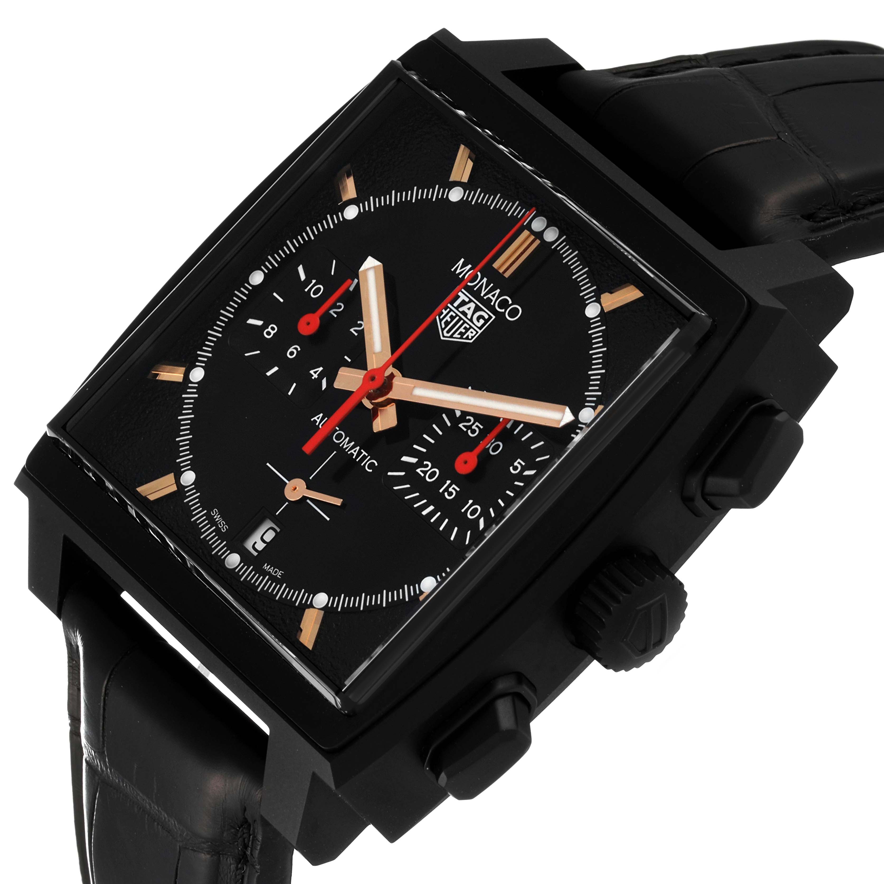 This image shows a Tag Heuer Monaco CBL2180 Men's Titanium Black Dial CBL2180 Men's Titanium Black Dial watch at an angled side view, displaying the case, dial, crown, pushers, and part of the strap.